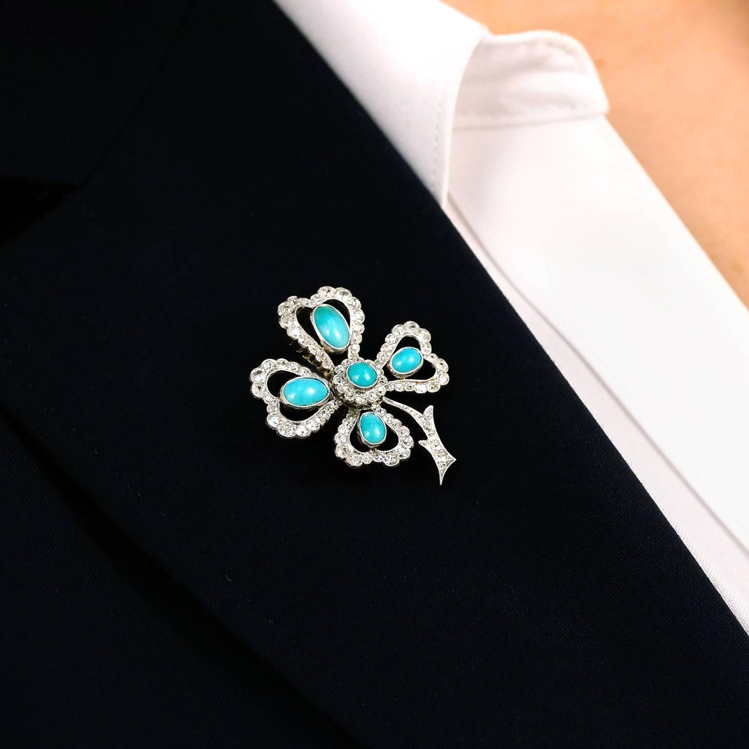 Antique Persian Turquoise and Diamond Clover Brooch In Excellent Condition In Litchfield, CT