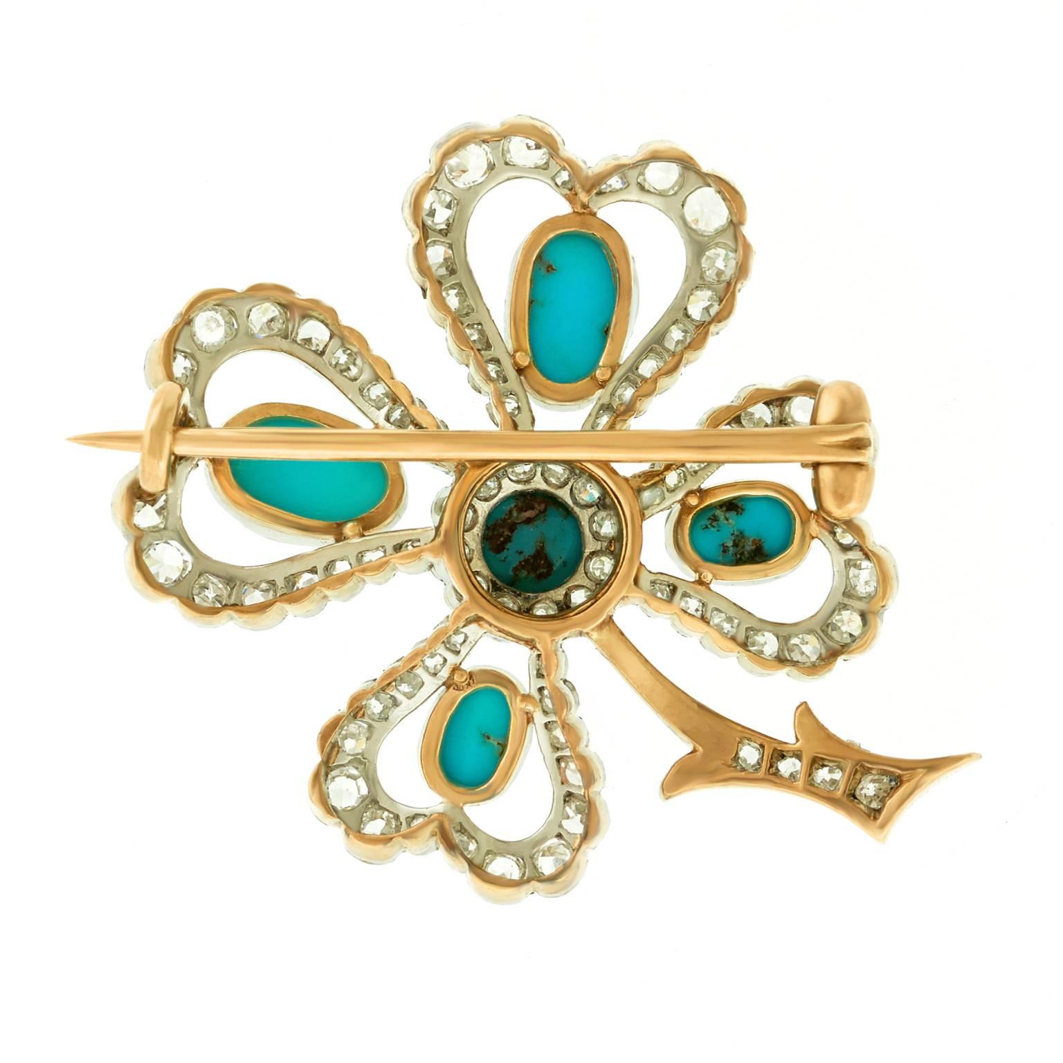 Antique Persian Turquoise and Diamond Clover Brooch 2