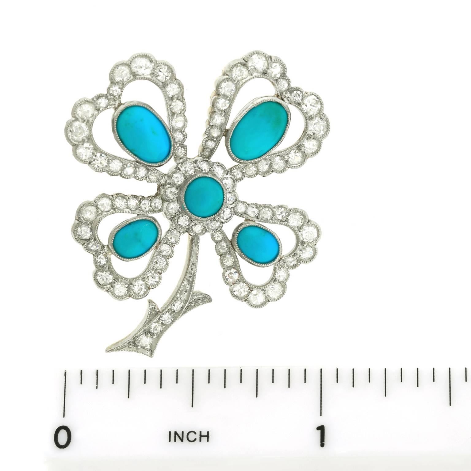 Antique Persian Turquoise and Diamond Clover Brooch 1