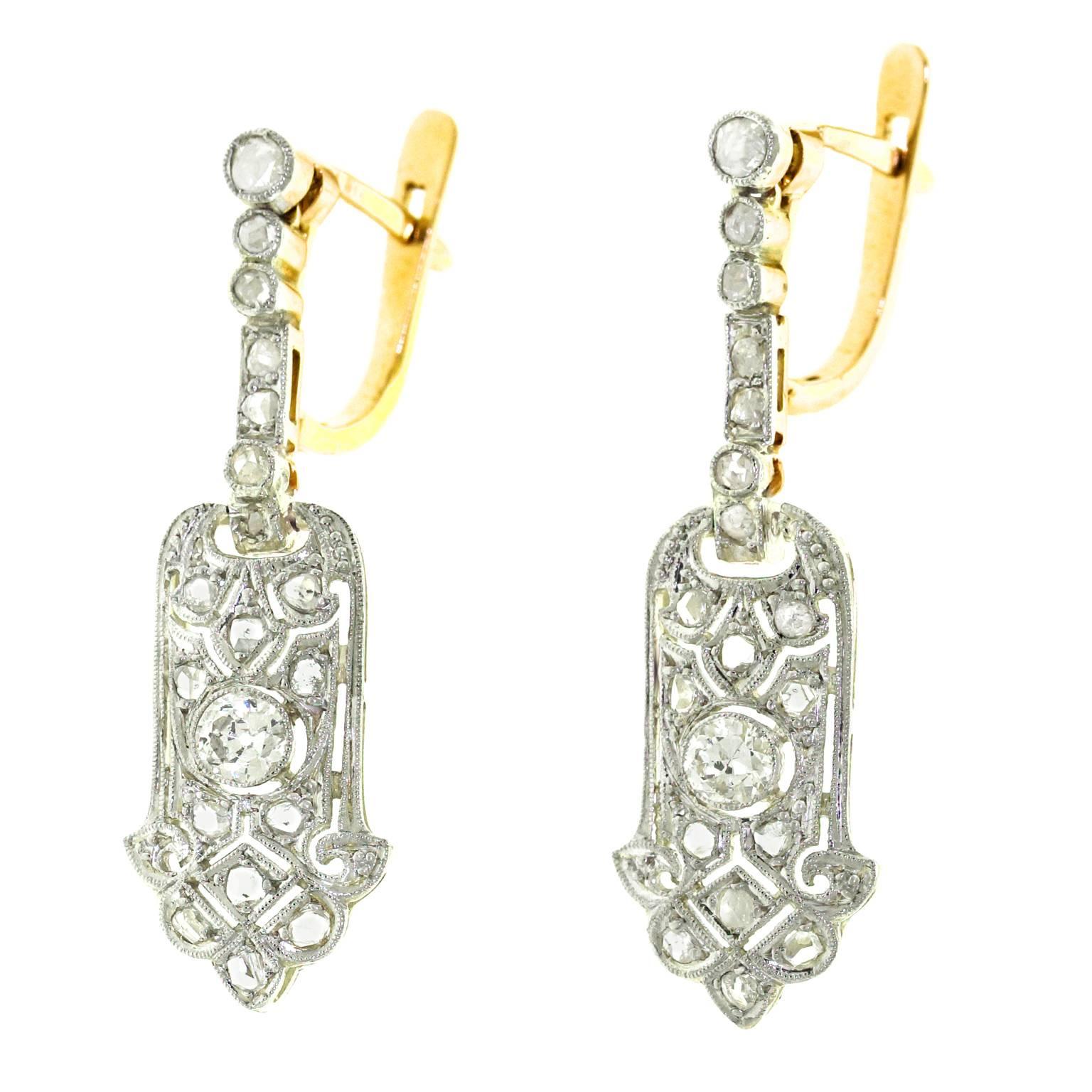 Art Deco Platinum over Gold Diamond Drop Earrings In Excellent Condition In Litchfield, CT