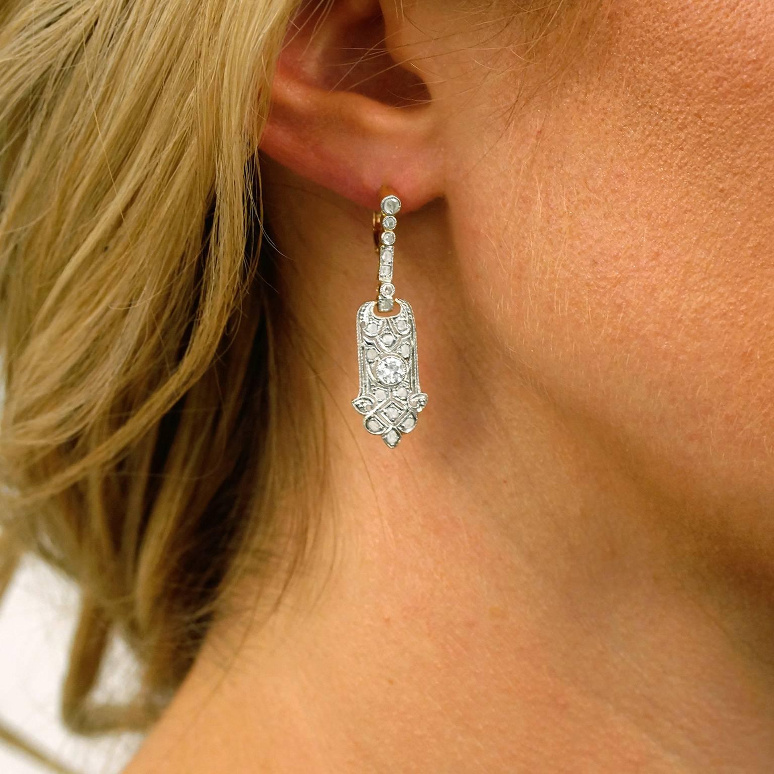 Women's Art Deco Platinum over Gold Diamond Drop Earrings