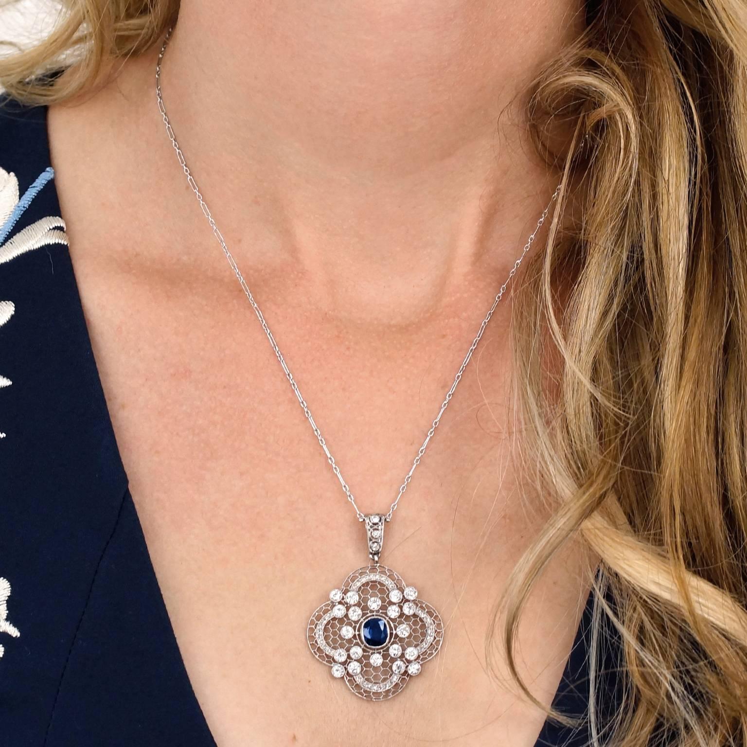 Women's Edwardian Clover-Motif Sapphire Diamond and Platinum Filigree Pendant