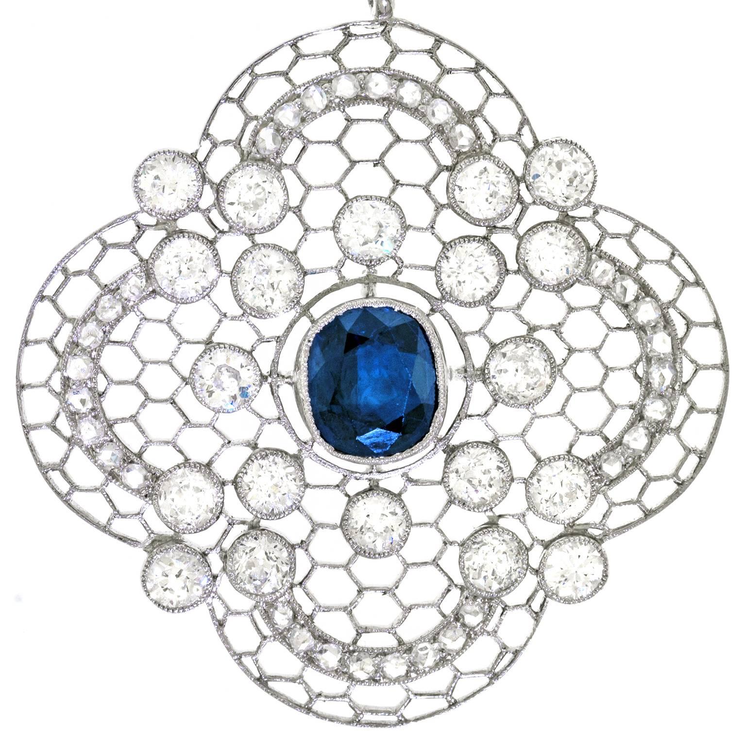 Edwardian Clover-Motif Sapphire Diamond and Platinum Filigree Pendant 1