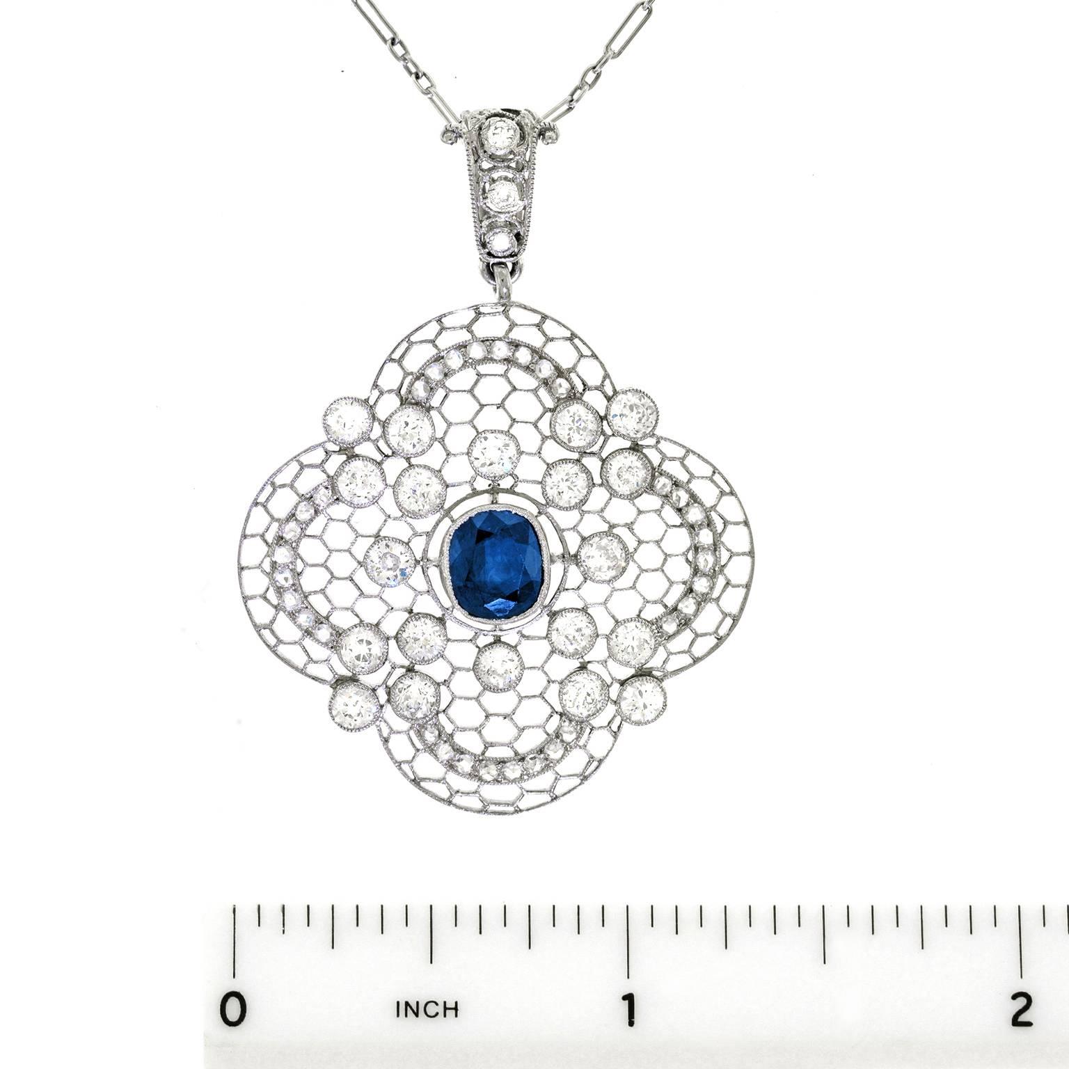 Edwardian Clover-Motif Sapphire Diamond and Platinum Filigree Pendant 2