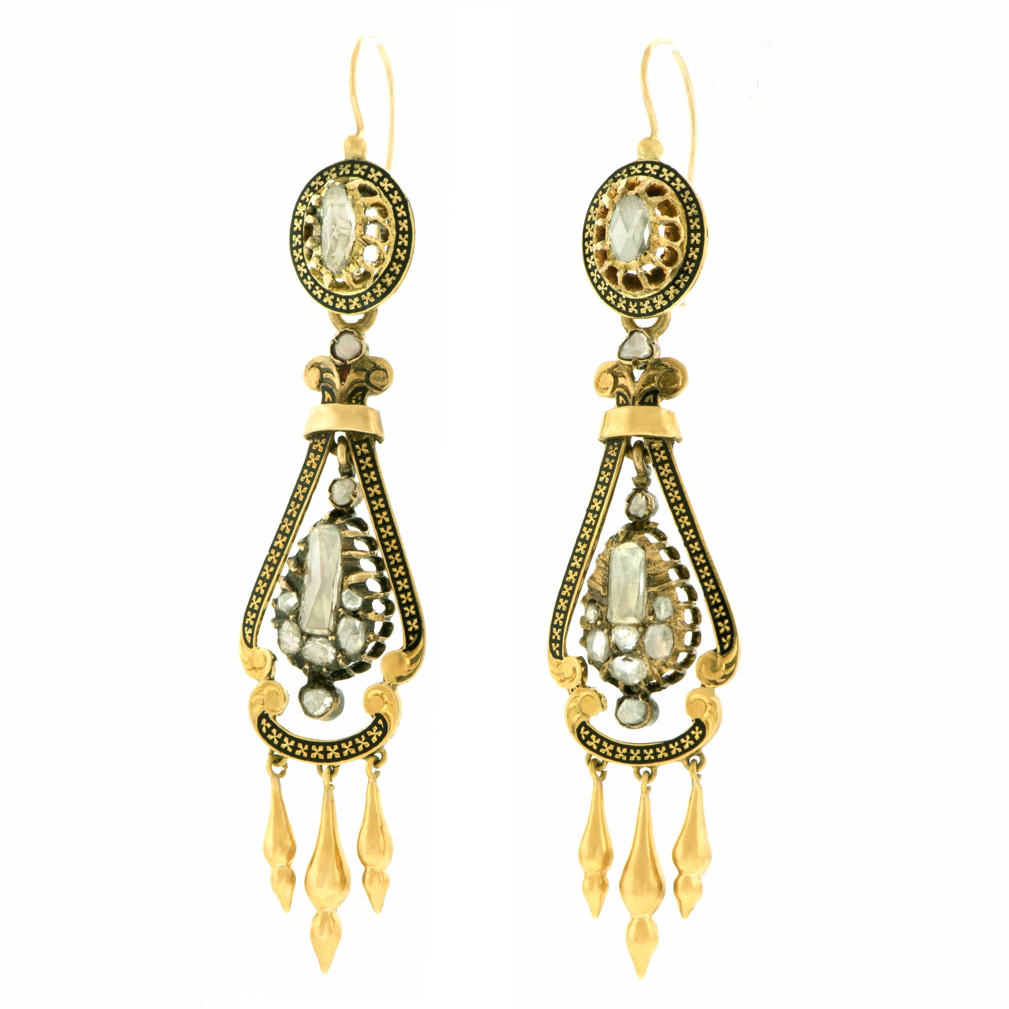 Victorian Rose-Cut Diamond Enamel Gold Chandelier Earrings In Excellent Condition In Litchfield, CT