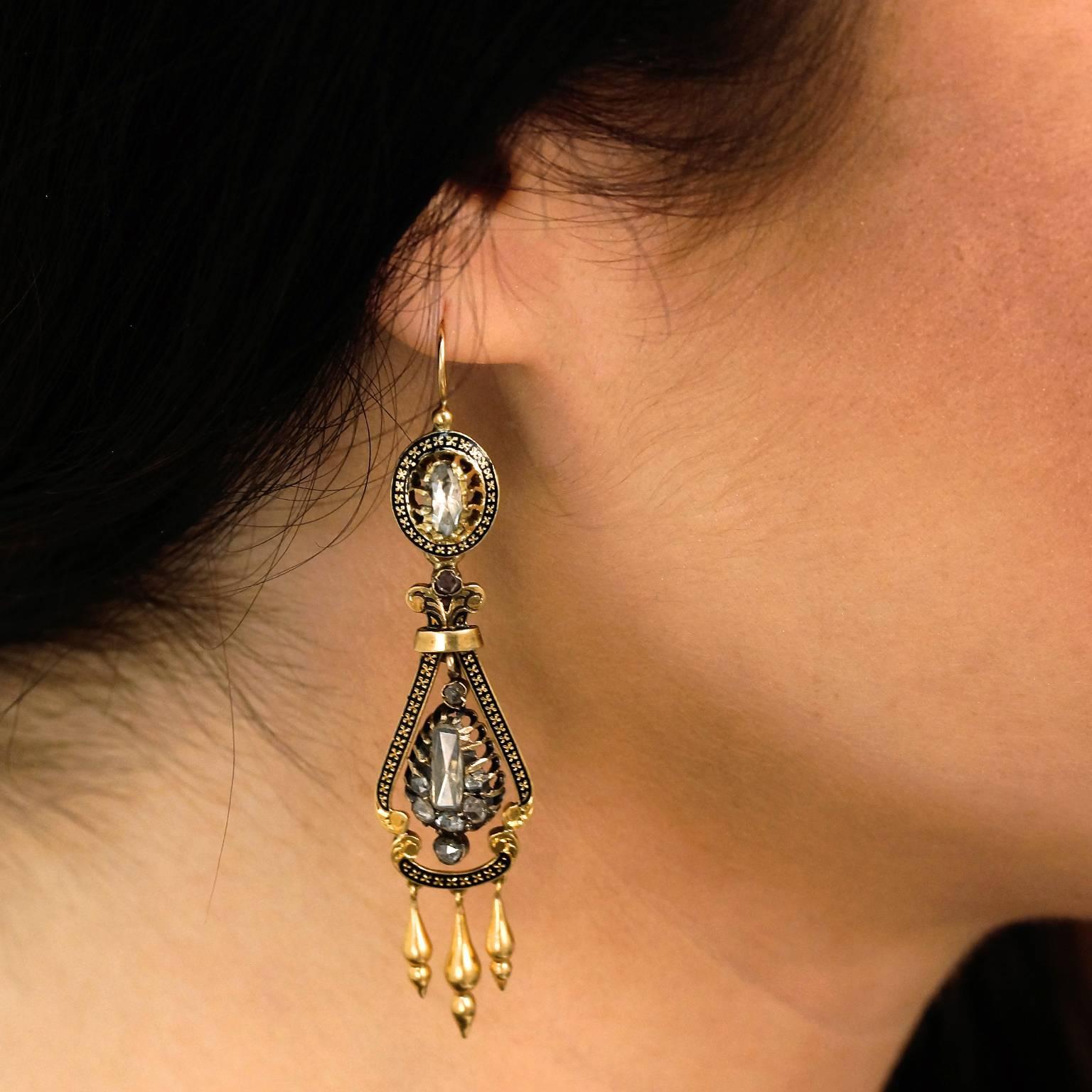 Women's Victorian Rose-Cut Diamond Enamel Gold Chandelier Earrings