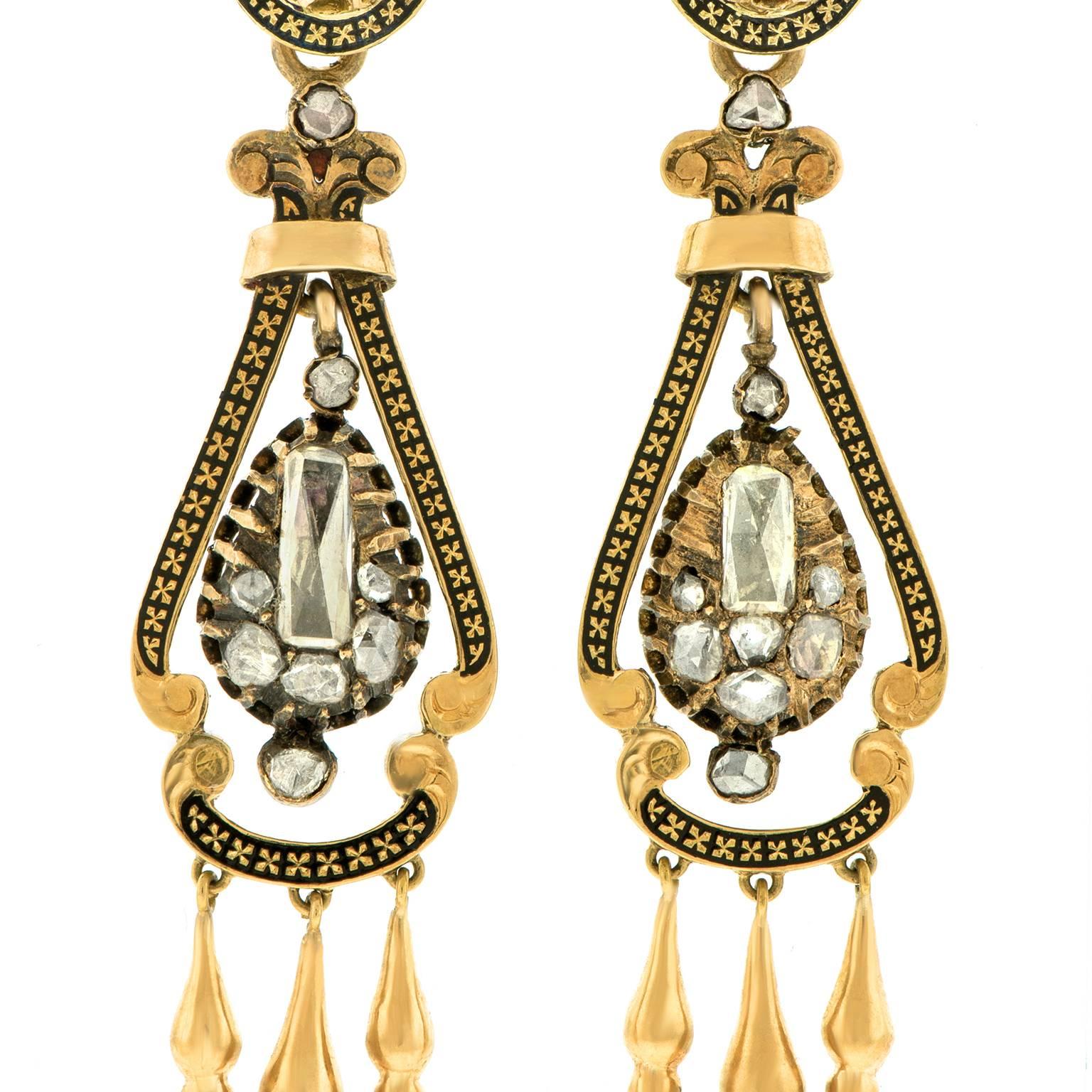 Victorian Rose-Cut Diamond Enamel Gold Chandelier Earrings 1