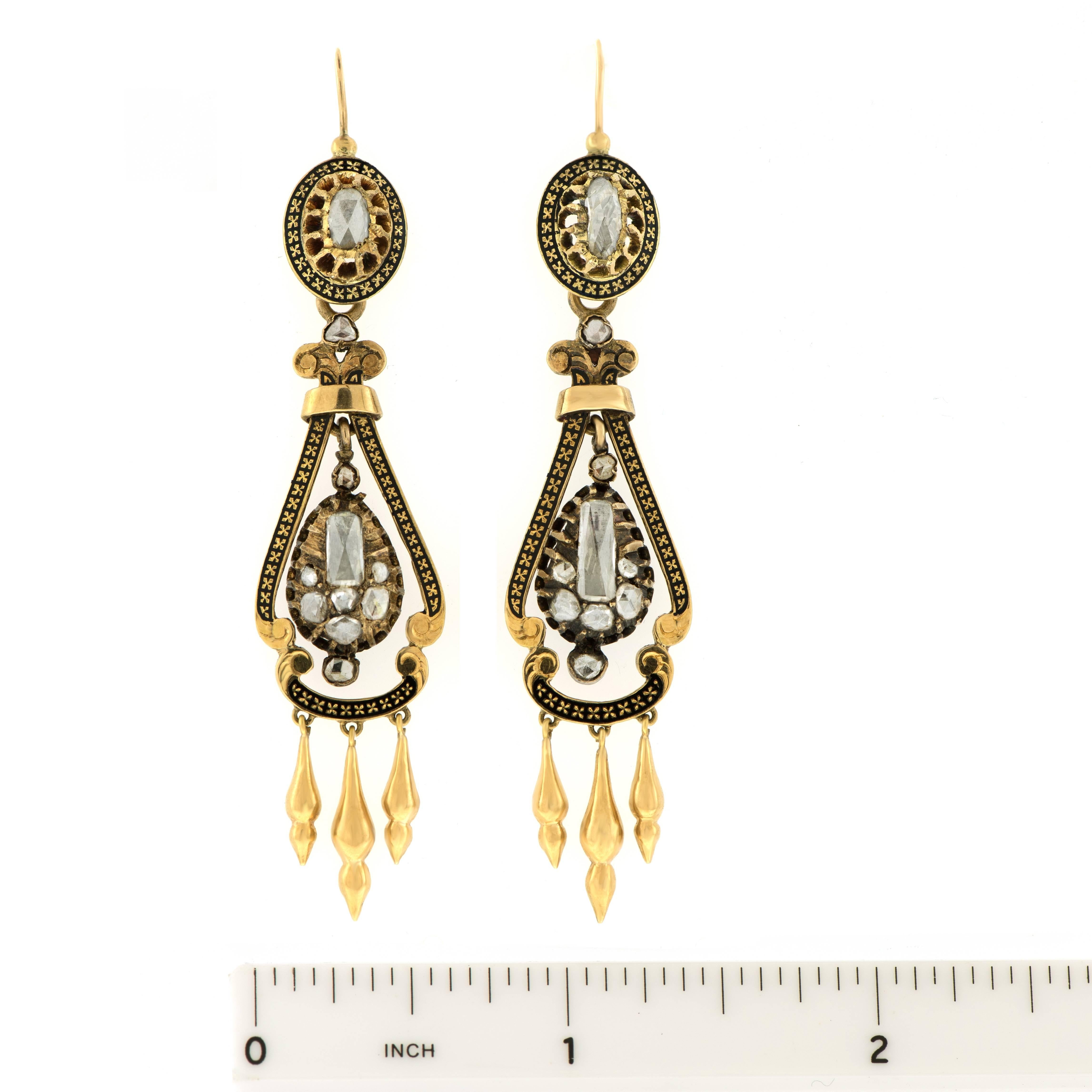 Victorian Rose-Cut Diamond Enamel Gold Chandelier Earrings 2