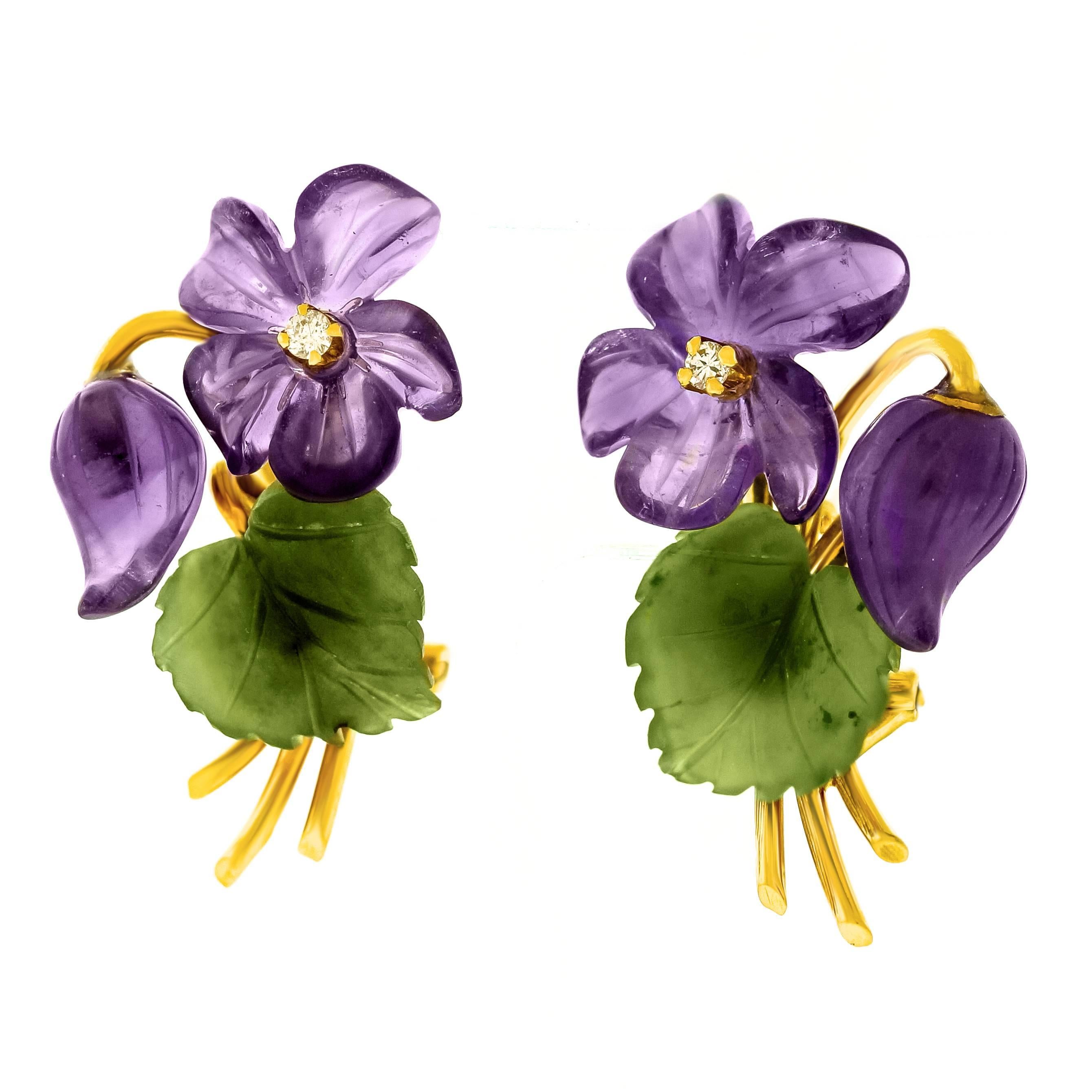 1950s Jade Amethyst Diamond Gold Flower Earrings In Excellent Condition In Litchfield, CT