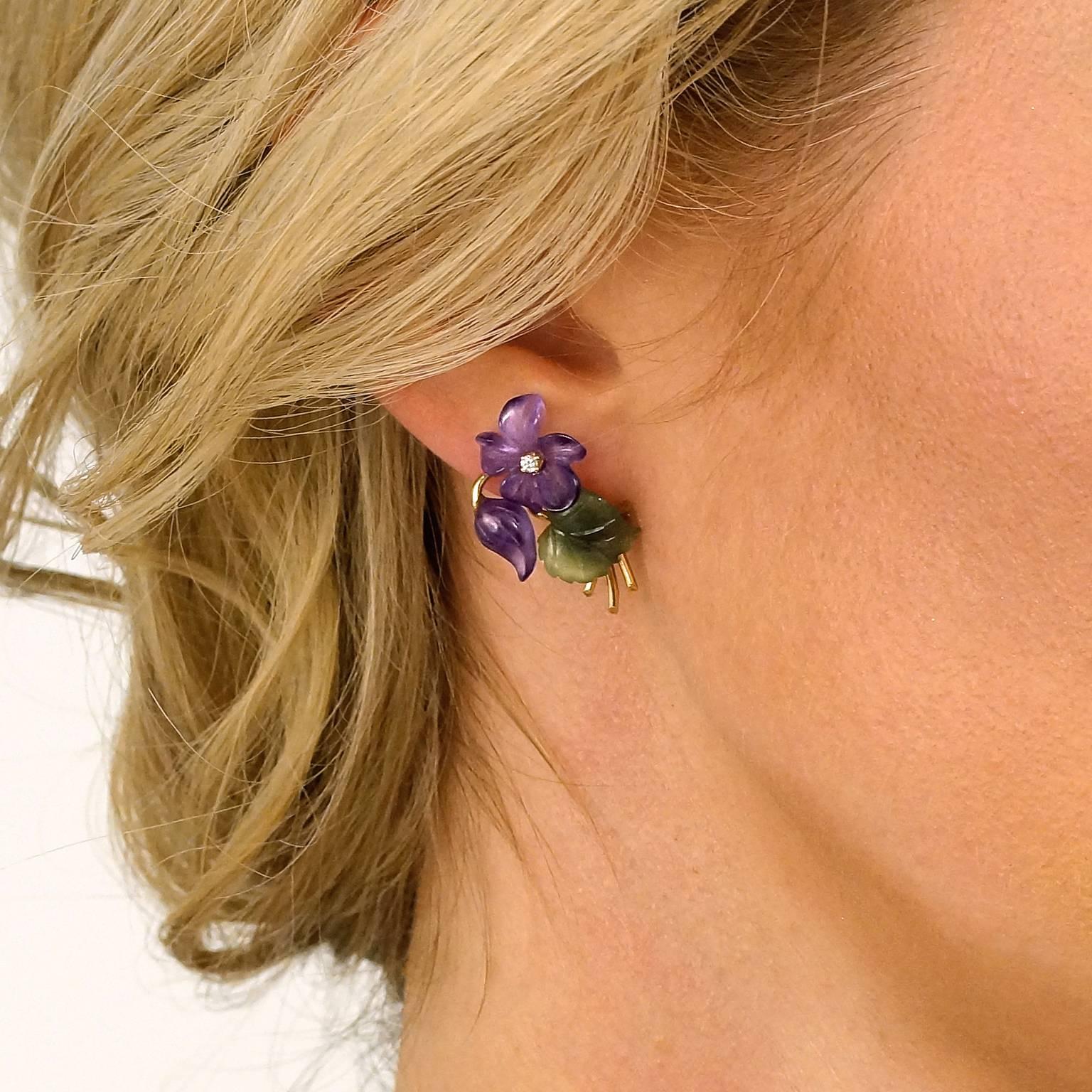 Women's 1950s Jade Amethyst Diamond Gold Flower Earrings