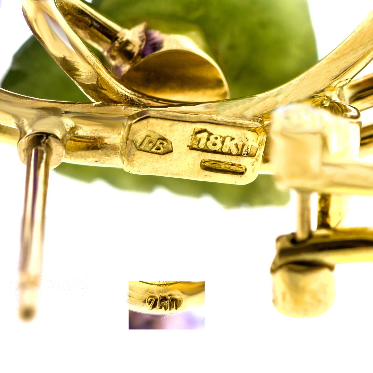 1950s Jade Amethyst Diamond Gold Flower Earrings 1