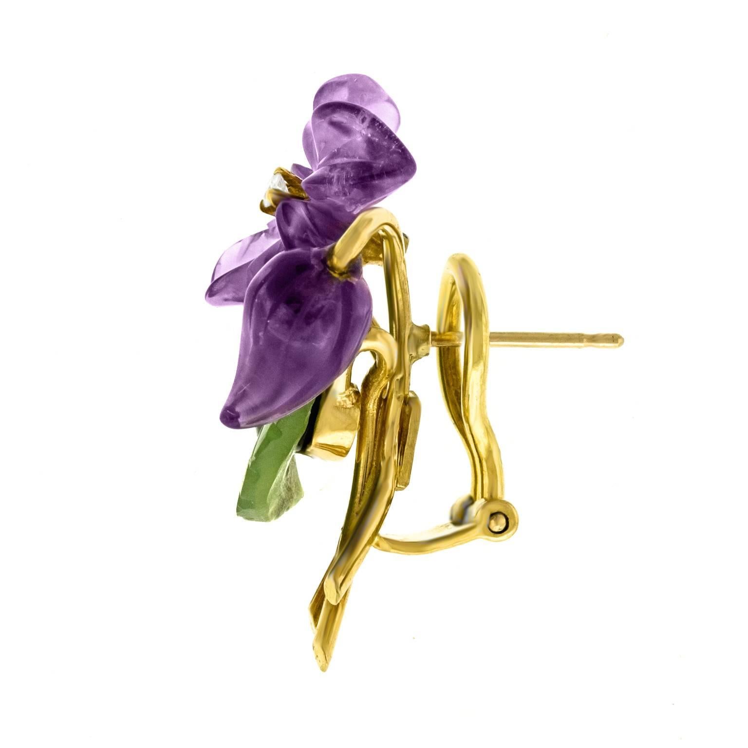1950s Jade Amethyst Diamond Gold Flower Earrings 3