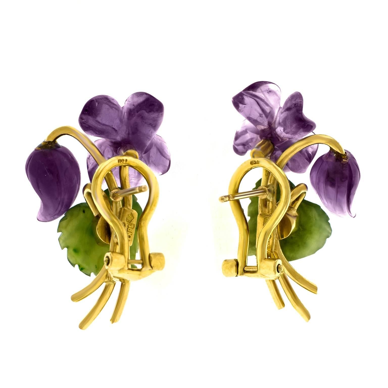 1950s Jade Amethyst Diamond Gold Flower Earrings 4