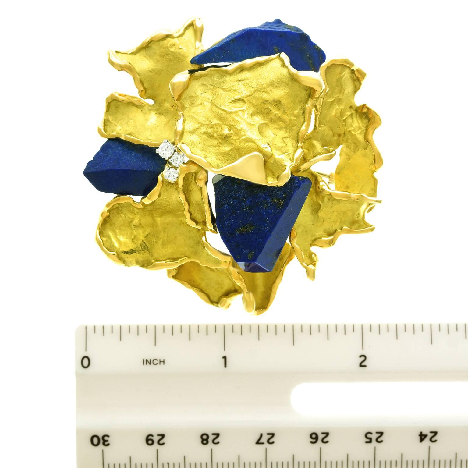 Modernist Julia Plana Brutalist Lapis Lazuli Diamond Gold Pendant Brooch