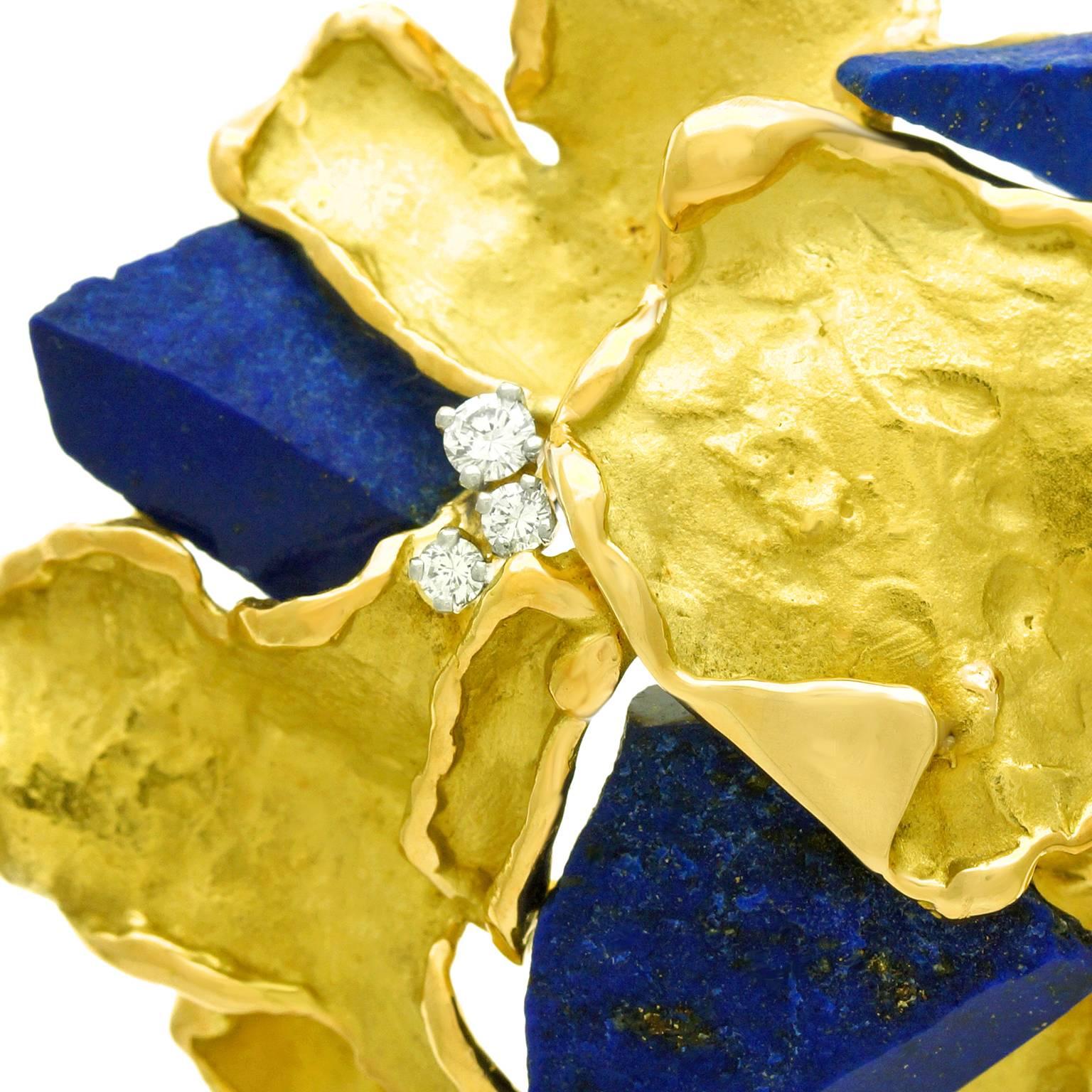 Julia Plana Brutalist Lapis Lazuli Diamond Gold Pendant Brooch In Excellent Condition In Litchfield, CT