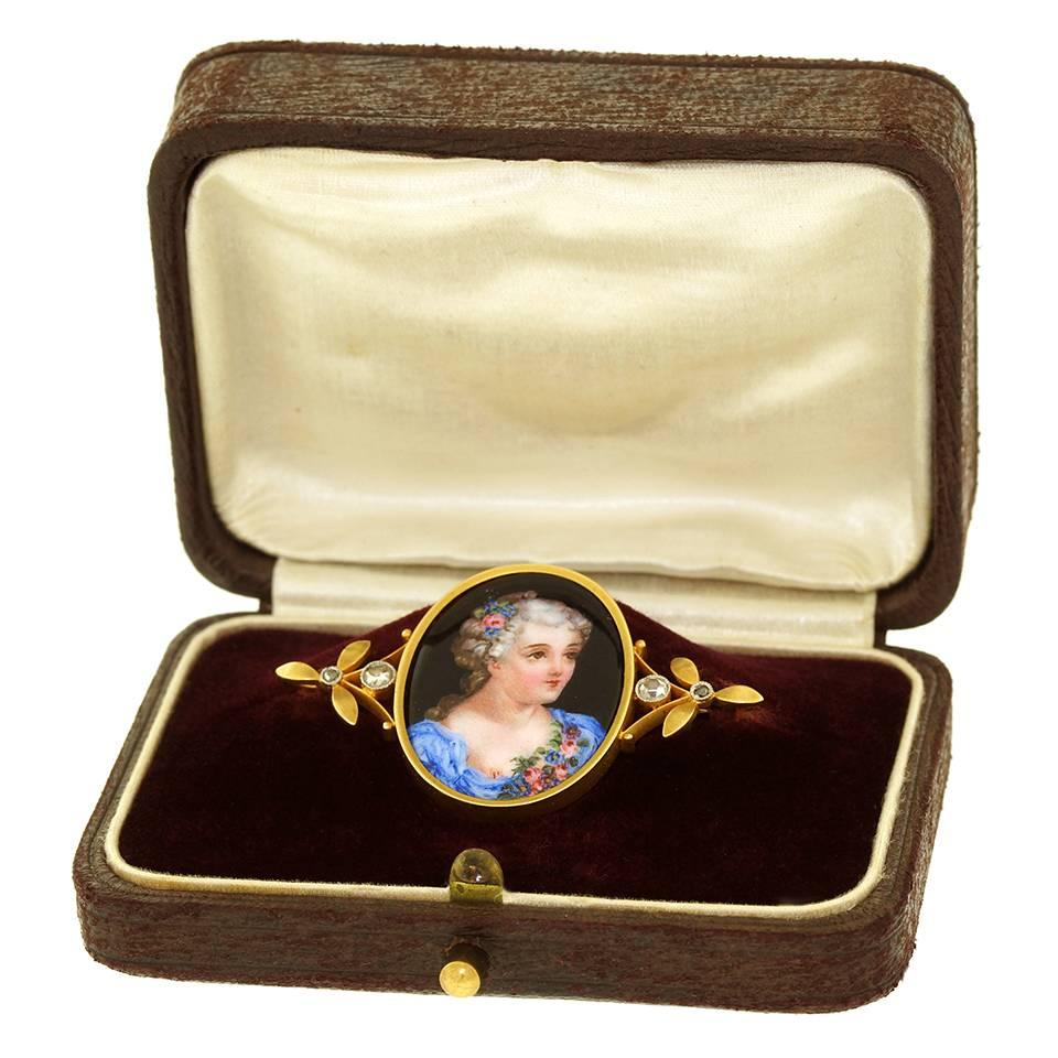 Victorian Antique Enamel and Gold Naughty Portrait Brooch