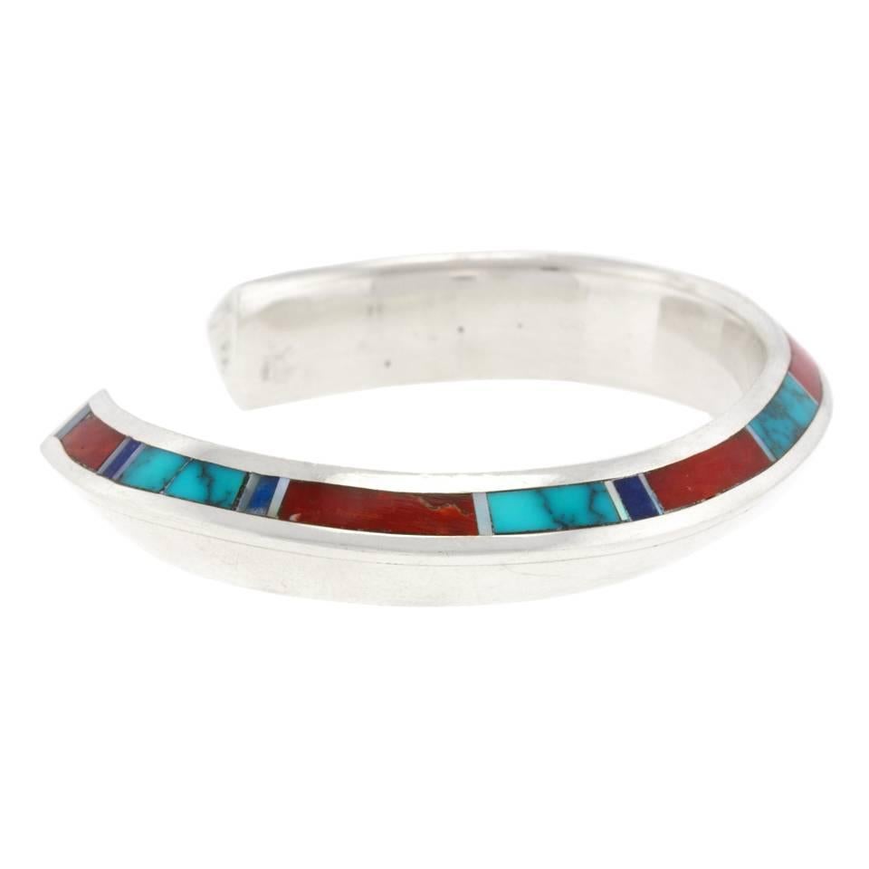 Douglas Nava Native American Intarsio Set Sterling Bracelet 4