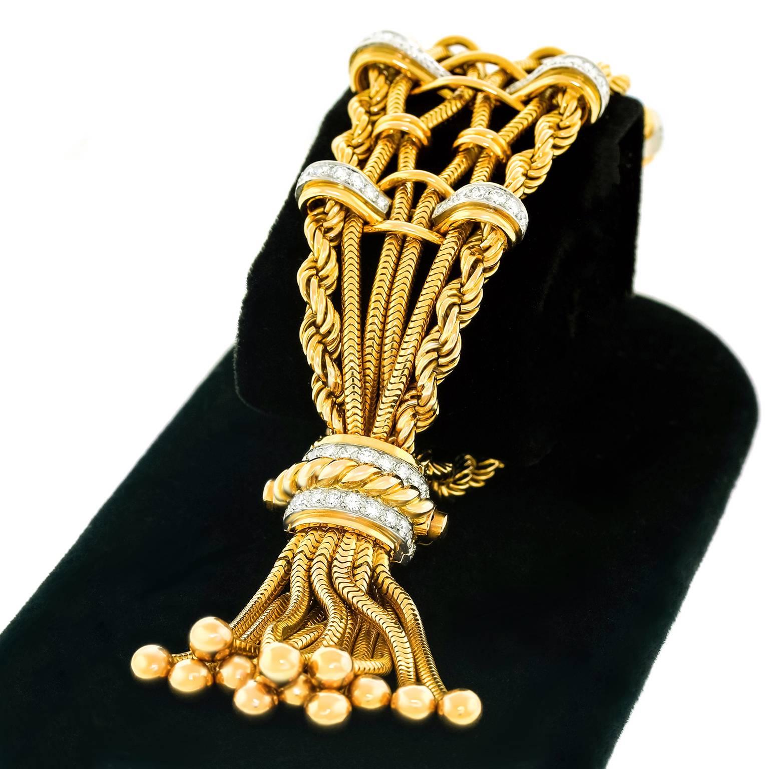 Solvil Incredible Sixties Gold & Diamond Tassel Bracelet In Excellent Condition In Litchfield, CT