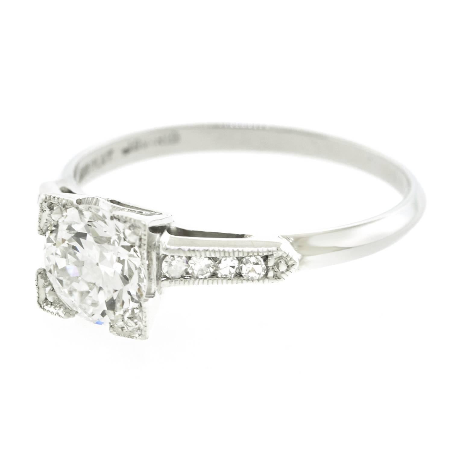1930s Art Deco .91 Carat GIA Cert Diamond Platinum Engagement Ring In Excellent Condition In Litchfield, CT