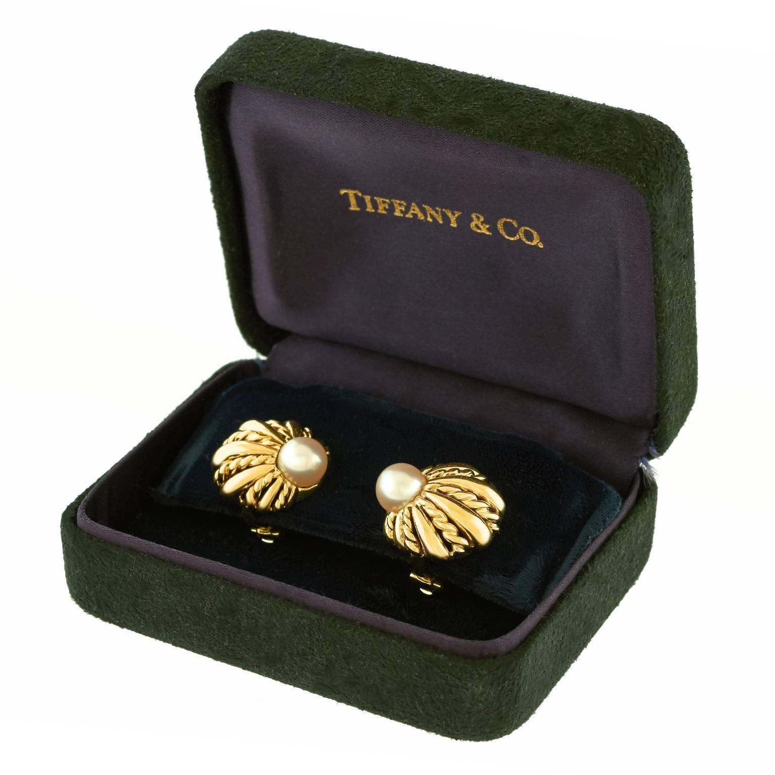 Tiffany & Co. Pearl Set Shell Motif Gold Earrings In Excellent Condition In Litchfield, CT
