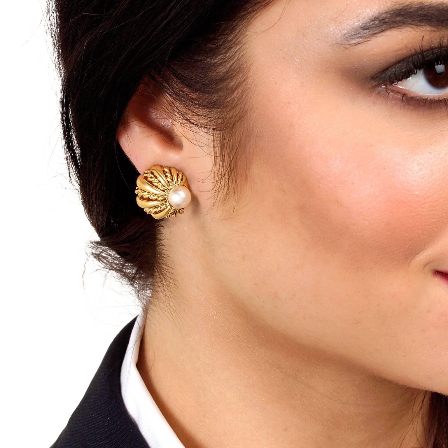 Women's Tiffany & Co. Pearl Set Shell Motif Gold Earrings