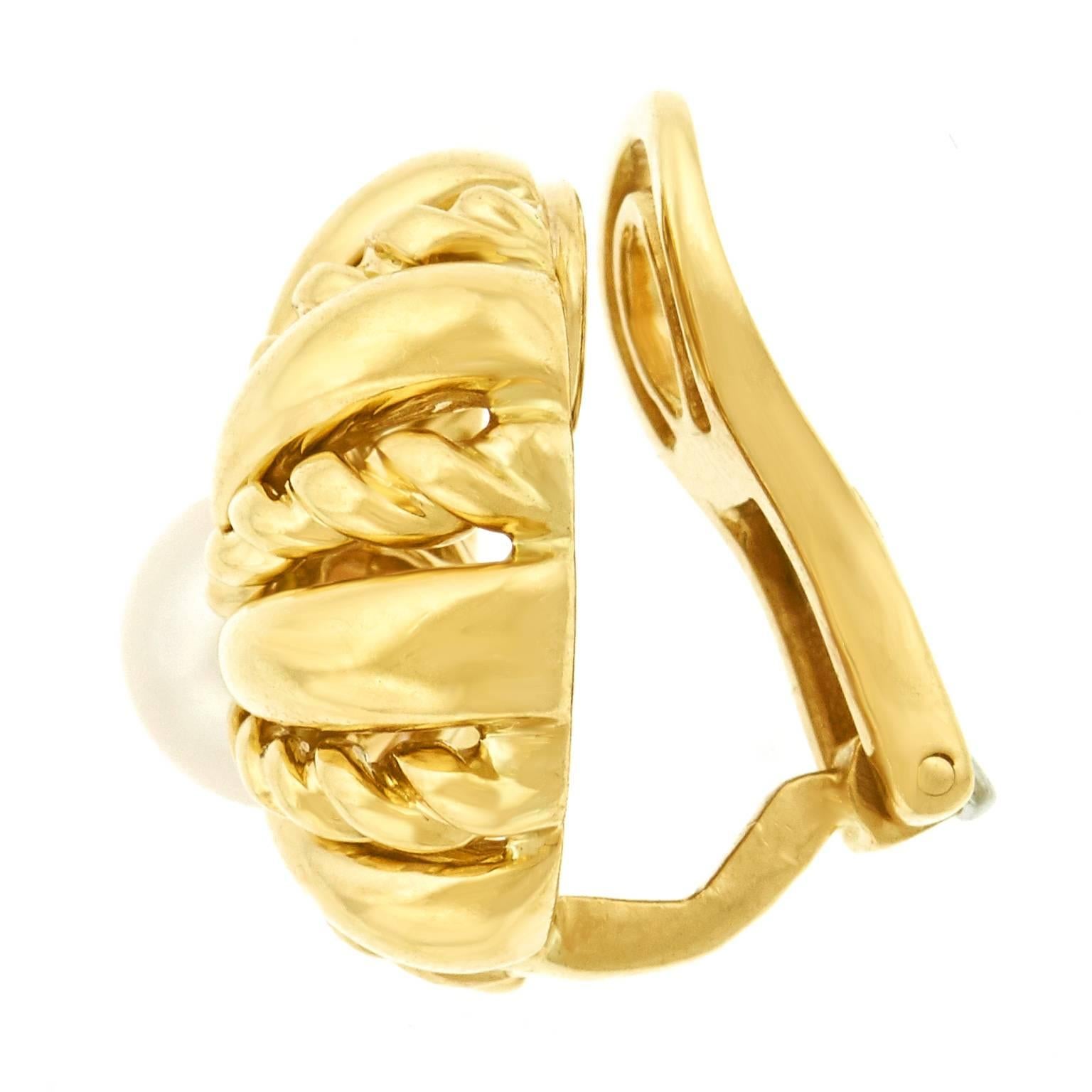 Tiffany & Co. Pearl Set Shell Motif Gold Earrings 3