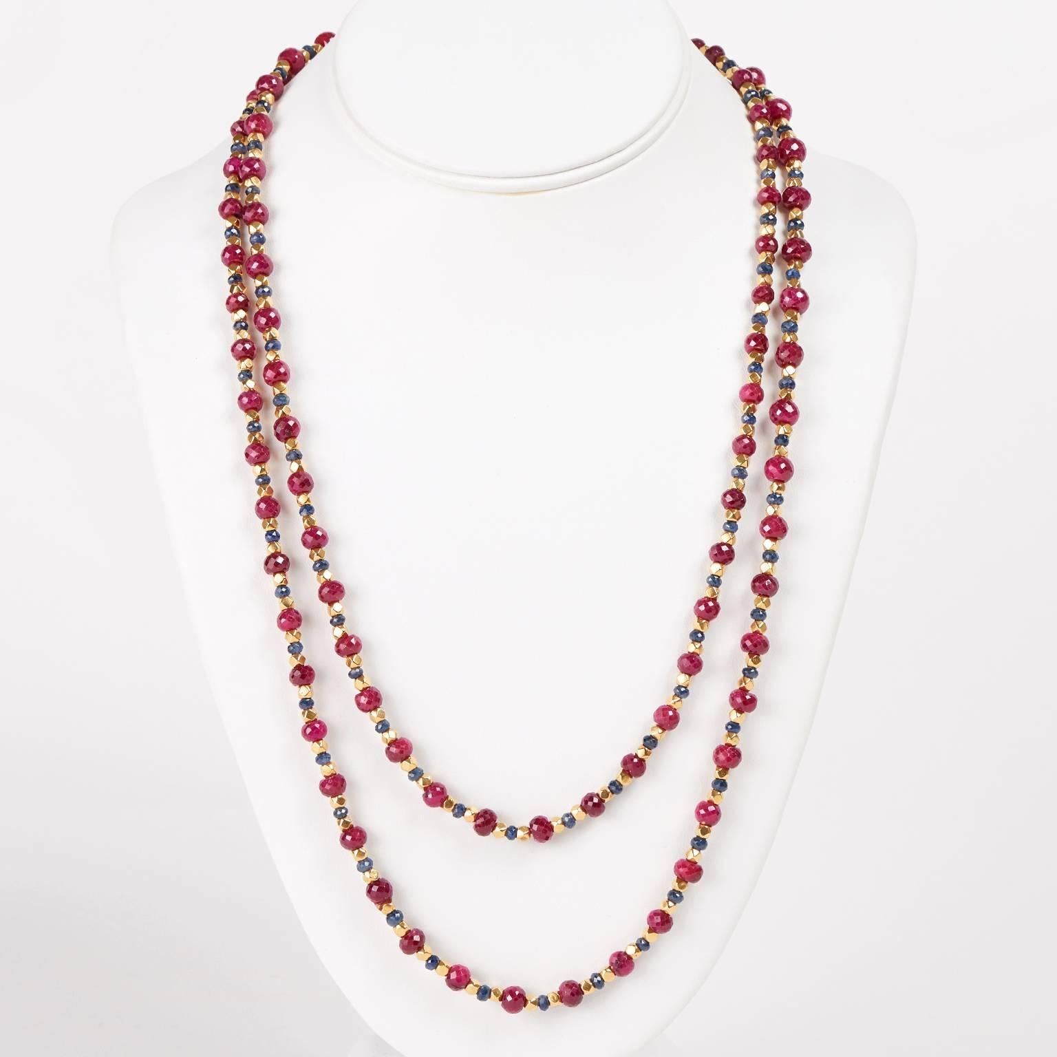 1970s American Ruby Sapphire Gold Bead Necklace In Excellent Condition In Litchfield, CT