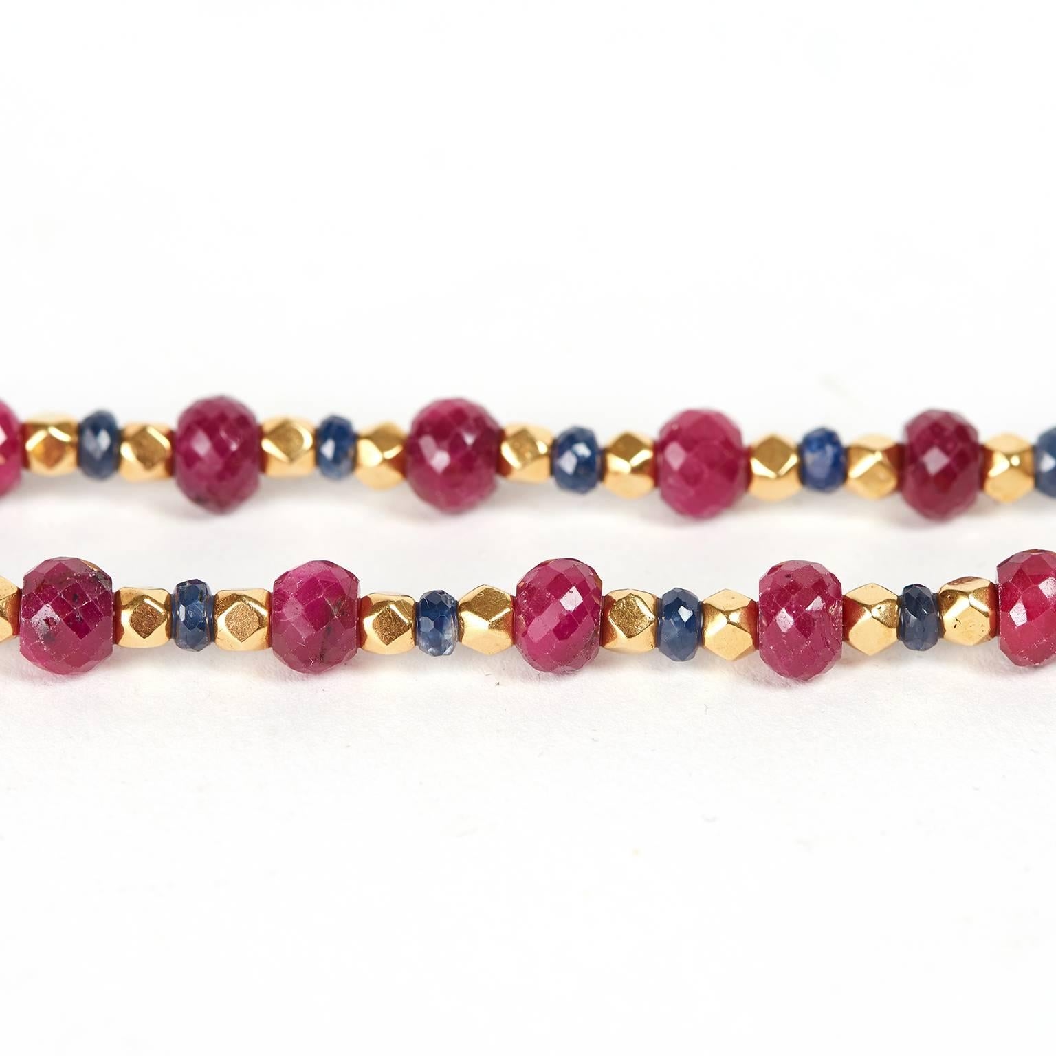 1970s American Ruby Sapphire Gold Bead Necklace 3