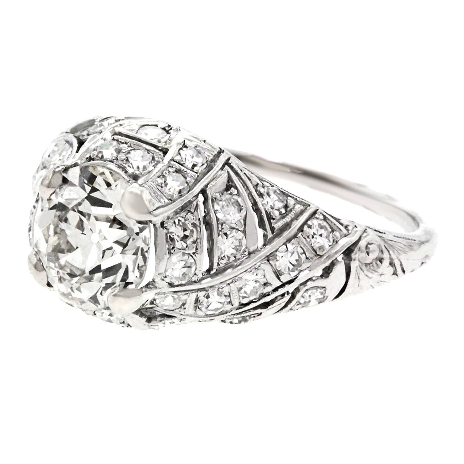 Art Deco Diamond Set Platinum Engagement Ring GIA In Excellent Condition In Litchfield, CT