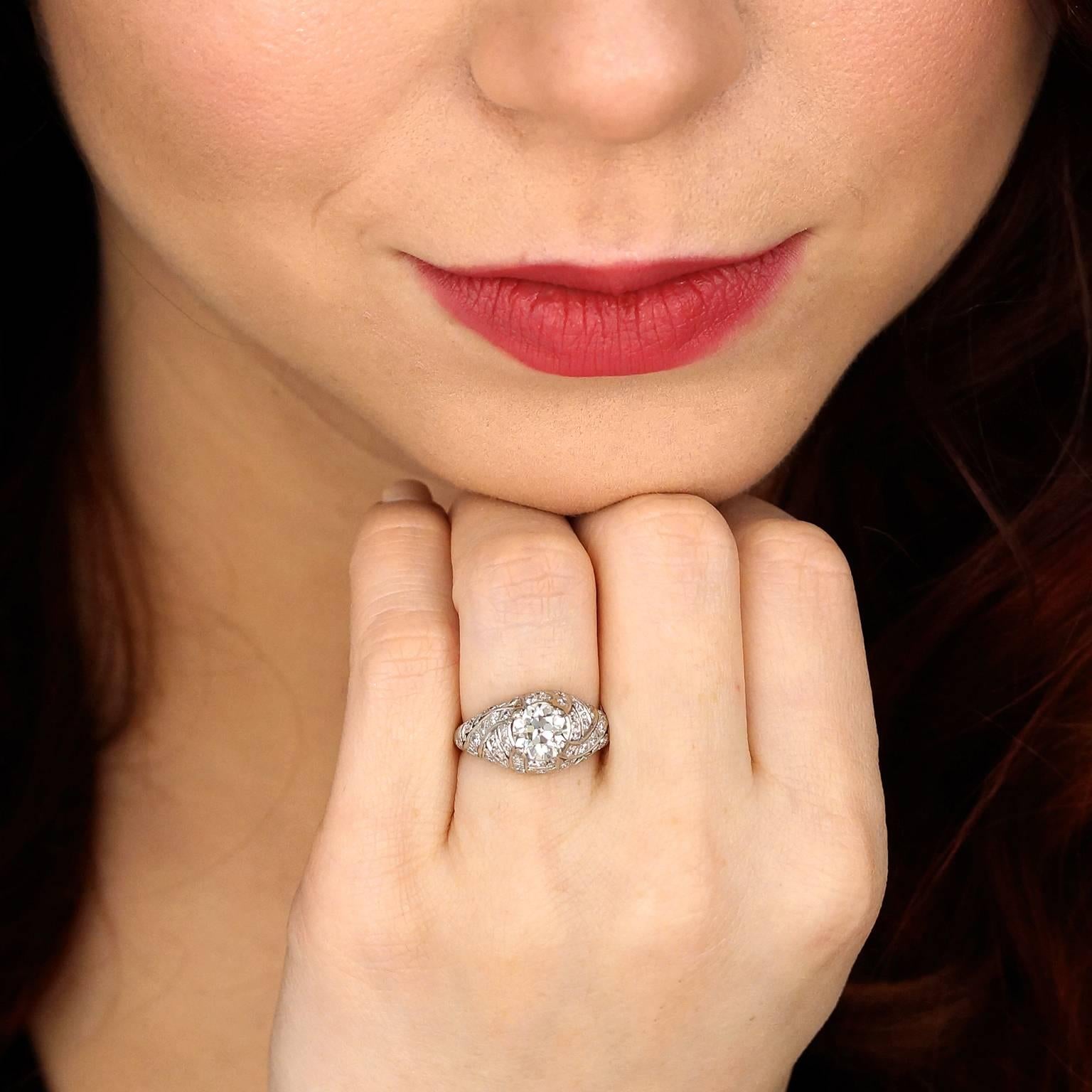 Women's Art Deco Diamond Set Platinum Engagement Ring GIA