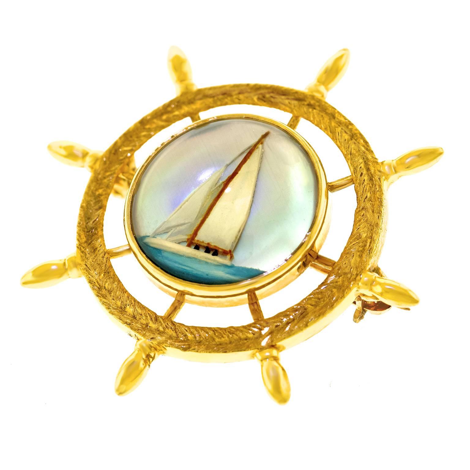 Nautical Theme Essex Crystal Gold Brooch In Excellent Condition In Litchfield, CT