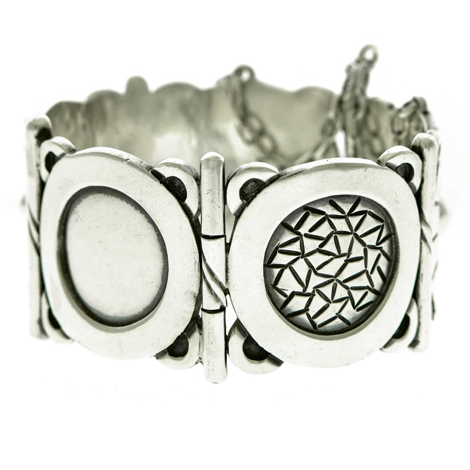 Hector Aguilar “Aztec Symbol” Sterling Cuff Bracelet In Excellent Condition In Litchfield, CT