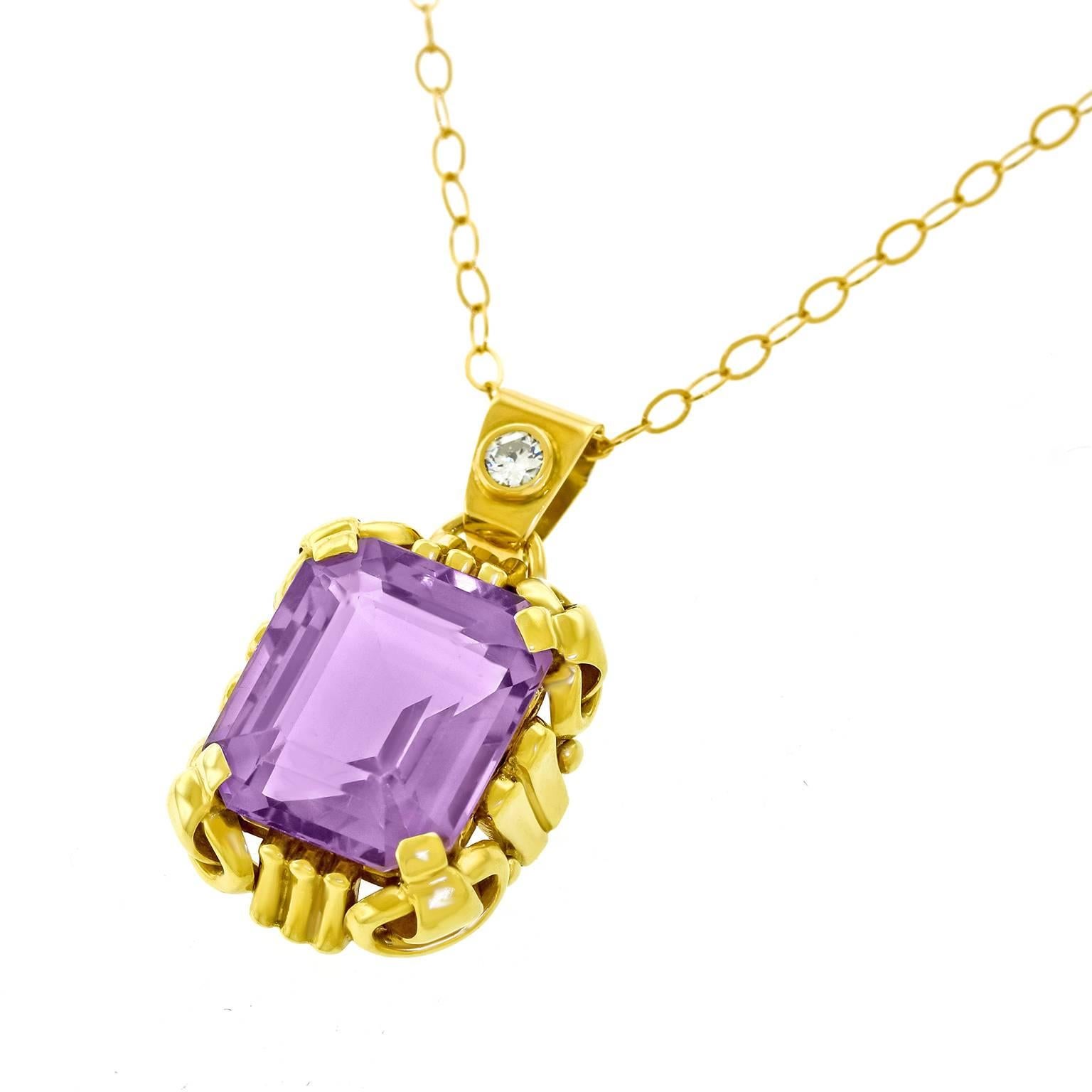 1960s Modernist Amethyst Diamond Gold Pendant In Excellent Condition In Litchfield, CT