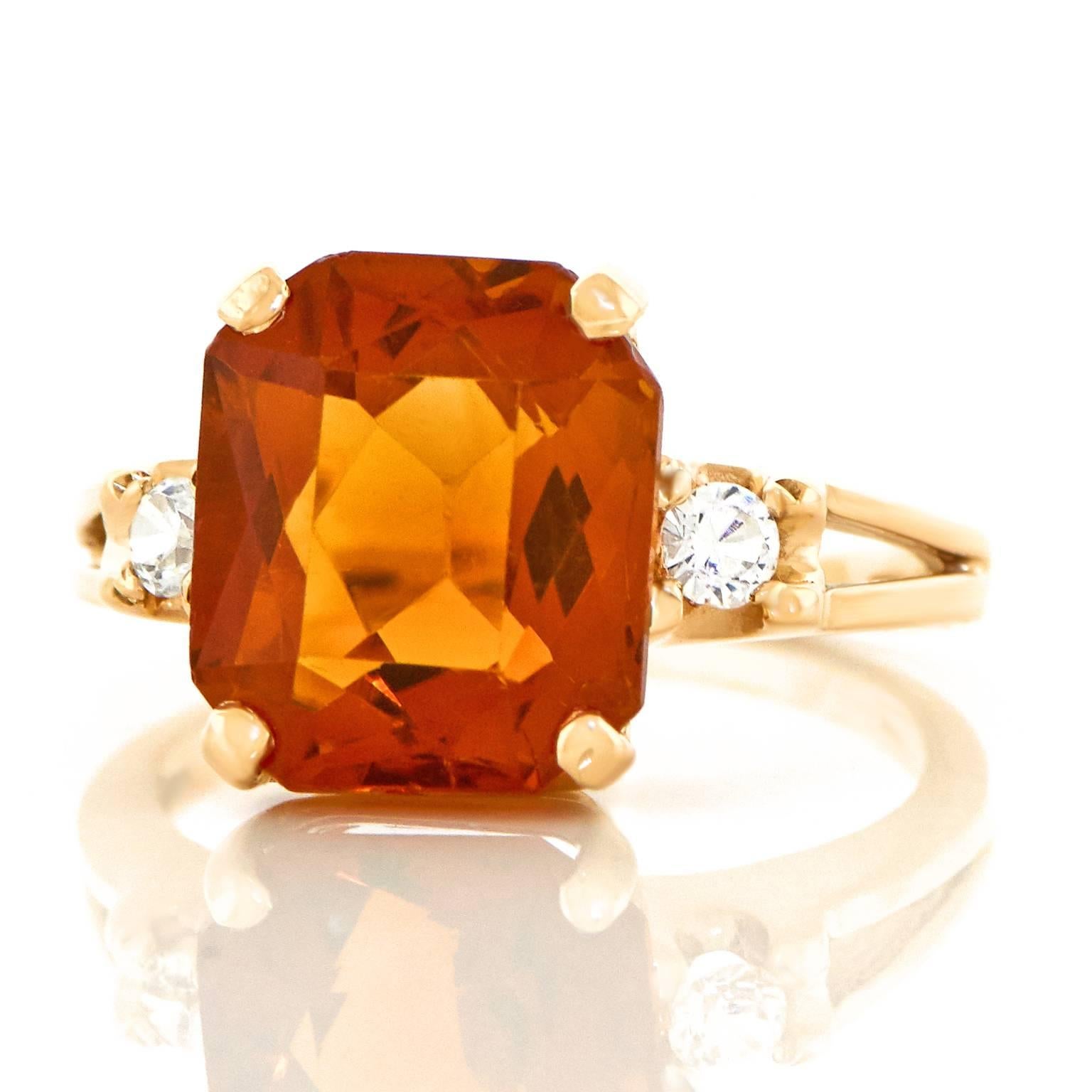 Fifties Citrine & Diamond Gold Ring In Excellent Condition In Litchfield, CT