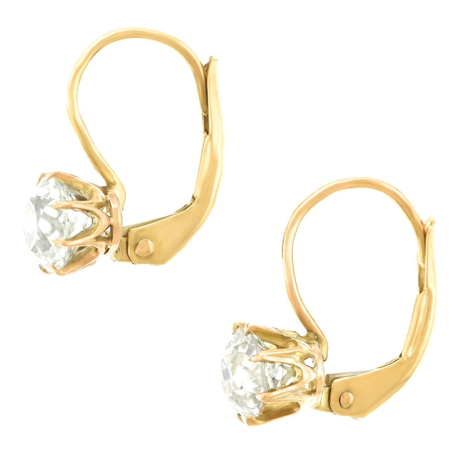 Antique 2.30 Carats Total Weight Diamond Drop Gold Earrings 2