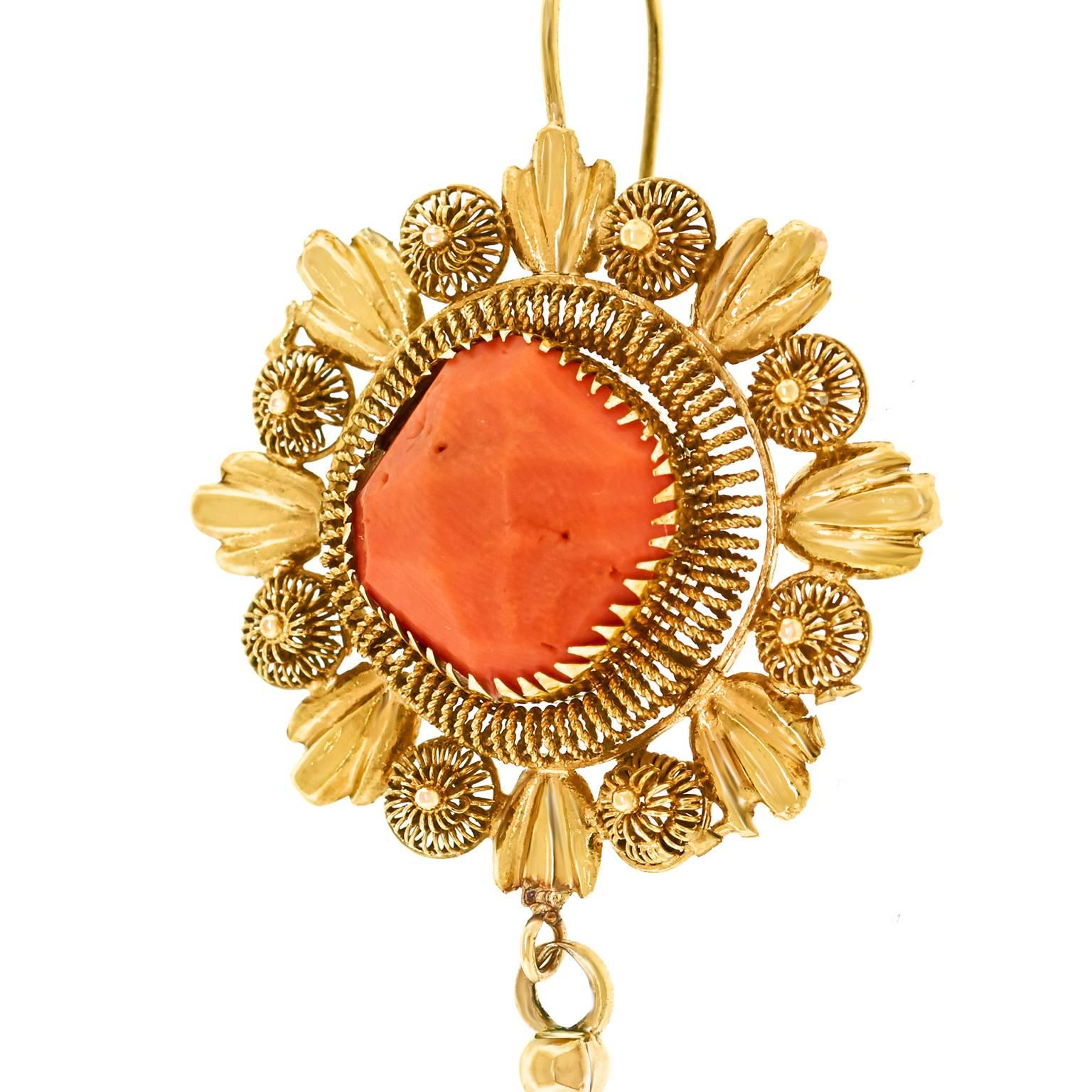 Victorian Antique Italian Coral and Gold Earrings