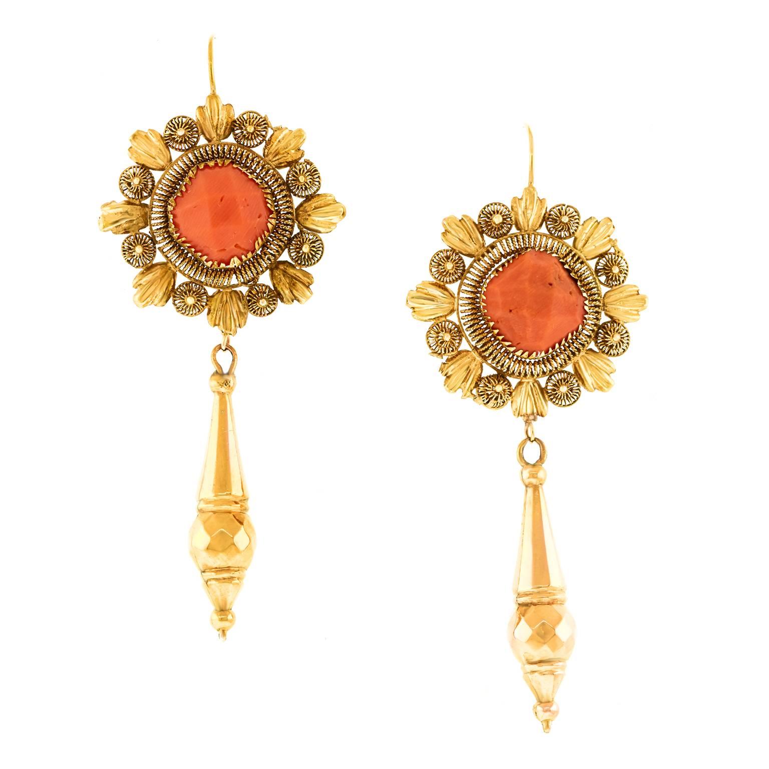 Women's Antique Italian Coral and Gold Earrings