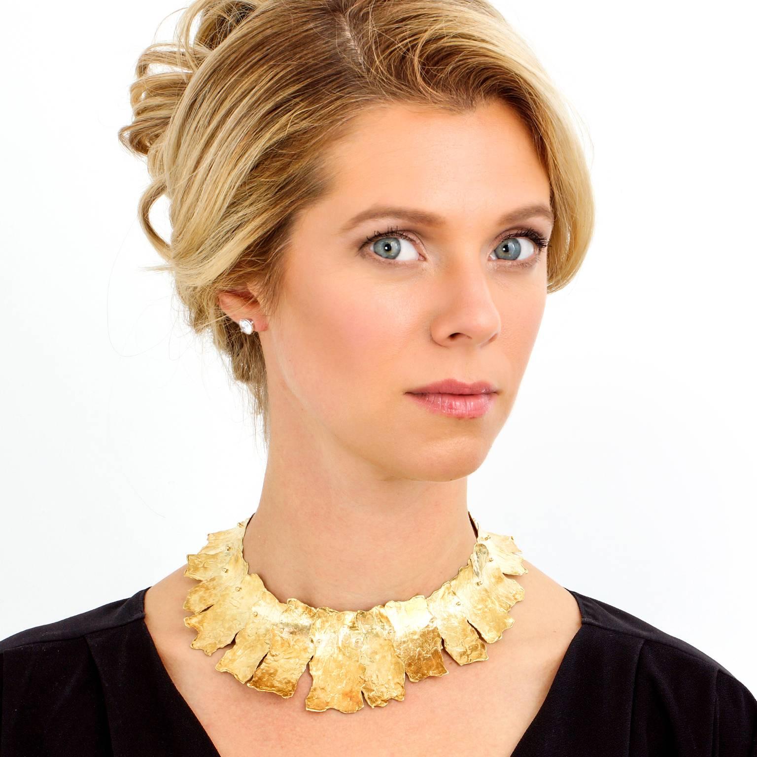 Circa 1970s, 18k, Ed Wiener, New York City.  Exquisitely made by modernist master goldsmith and visionary Ed Wiener, this gorgeous statement necklace features contoured, overlapping reticulated eighteen-karat gold plates. Impeccably stunning in