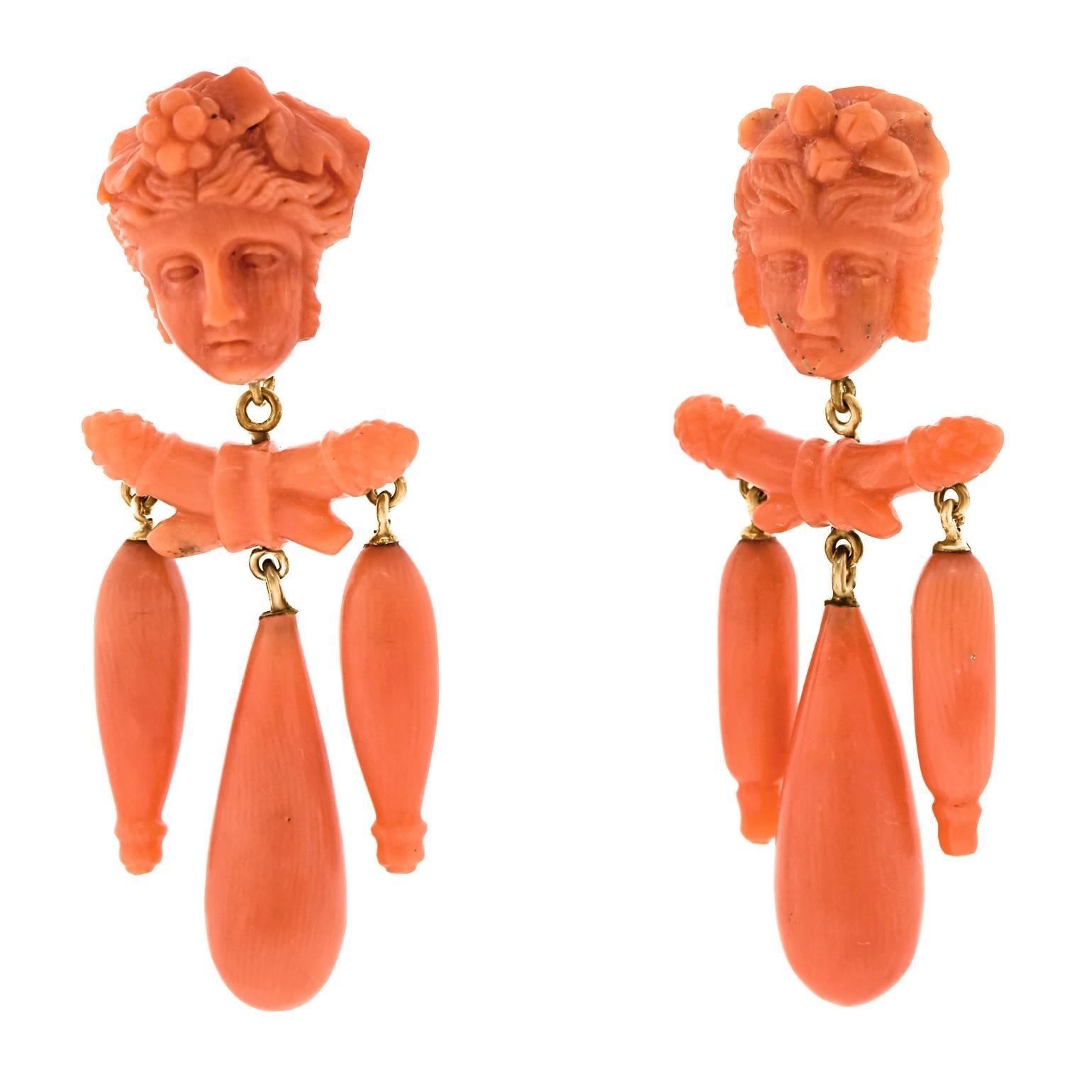 Gorgeous Victorian Coral Chandelier Earrings In Excellent Condition In Litchfield, CT