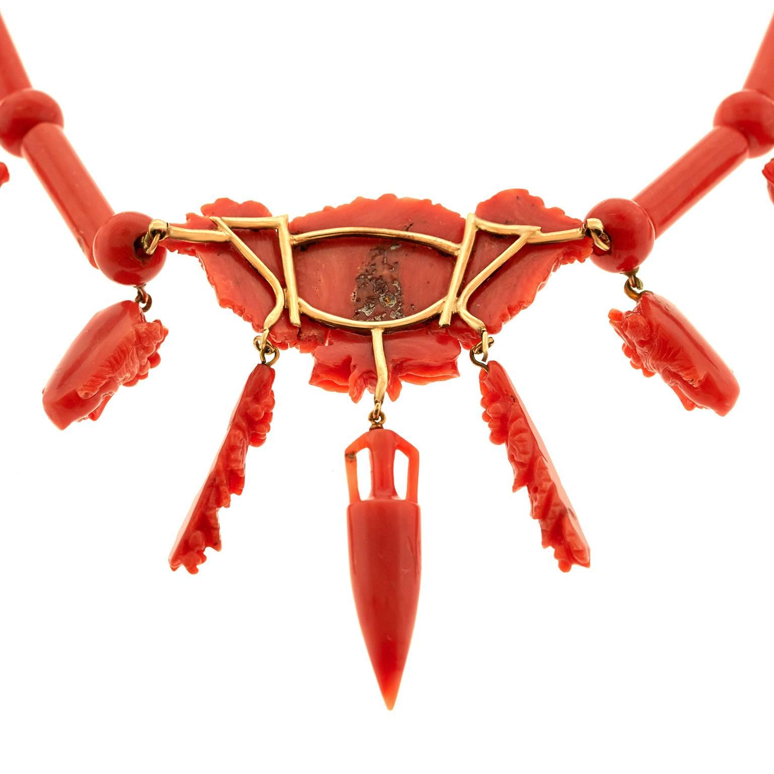 Women's Sublime Archaeological Revival Coral and Gold Necklace