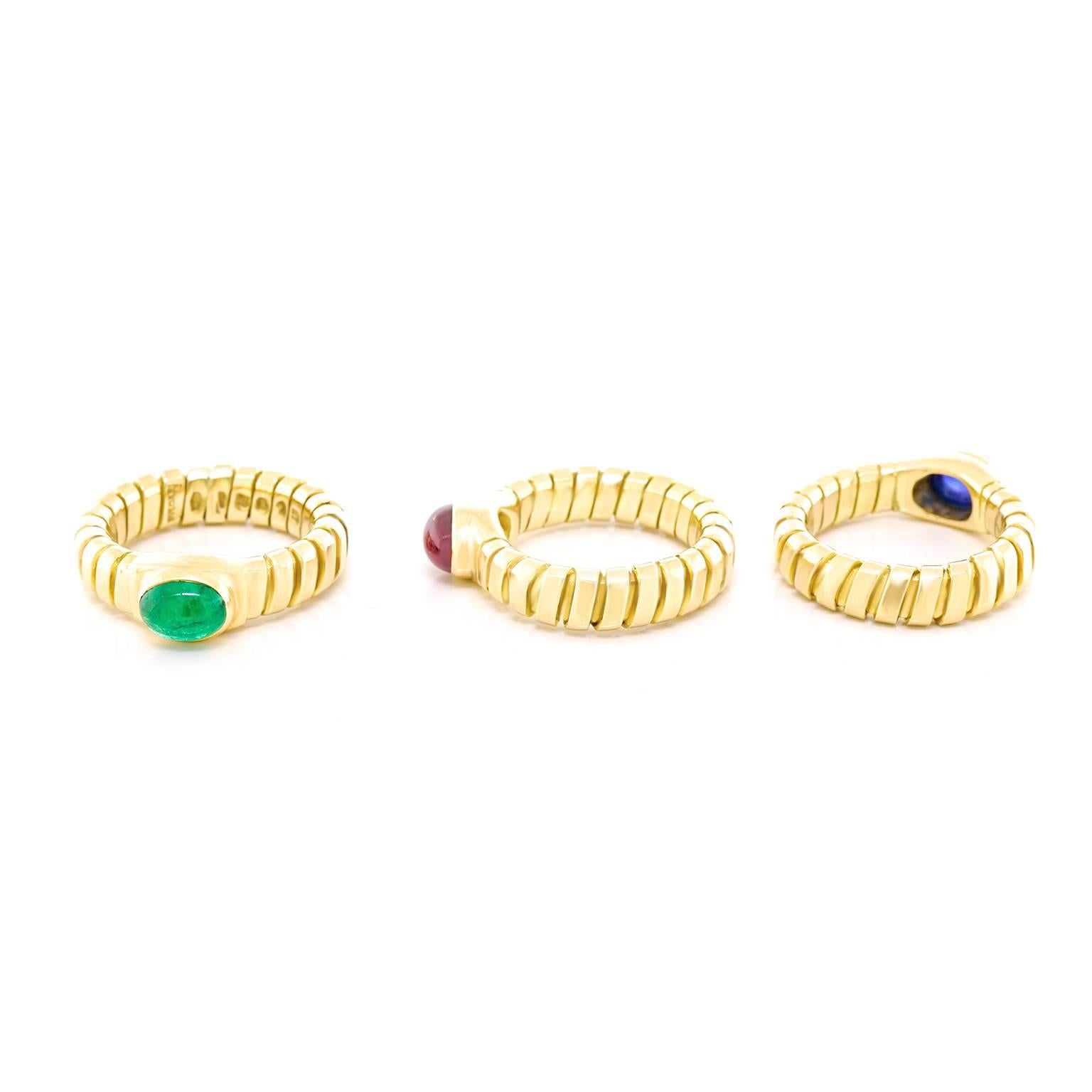 Bulgari Tubogas Sapphire, Ruby, Emerald, and Gold Rings In Excellent Condition In Litchfield, CT