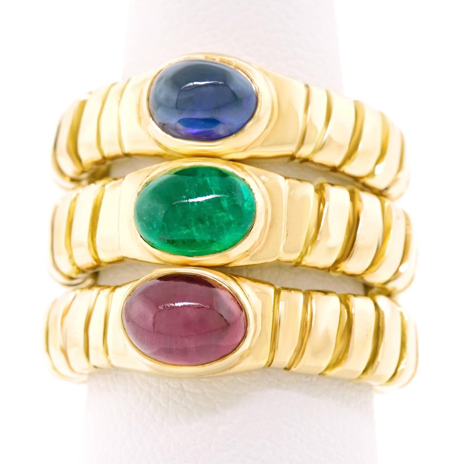Bulgari Tubogas Sapphire, Ruby, Emerald, and Gold Rings 3