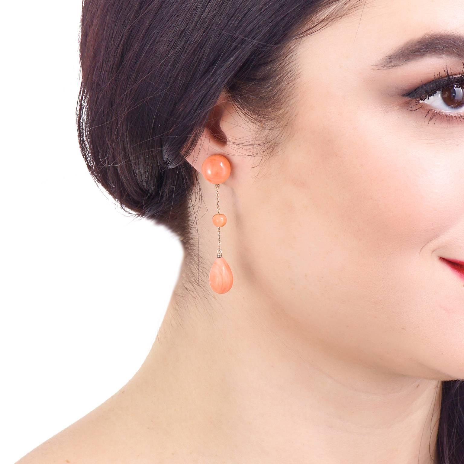 Women's Art Deco Coral Gold Drop Earrings