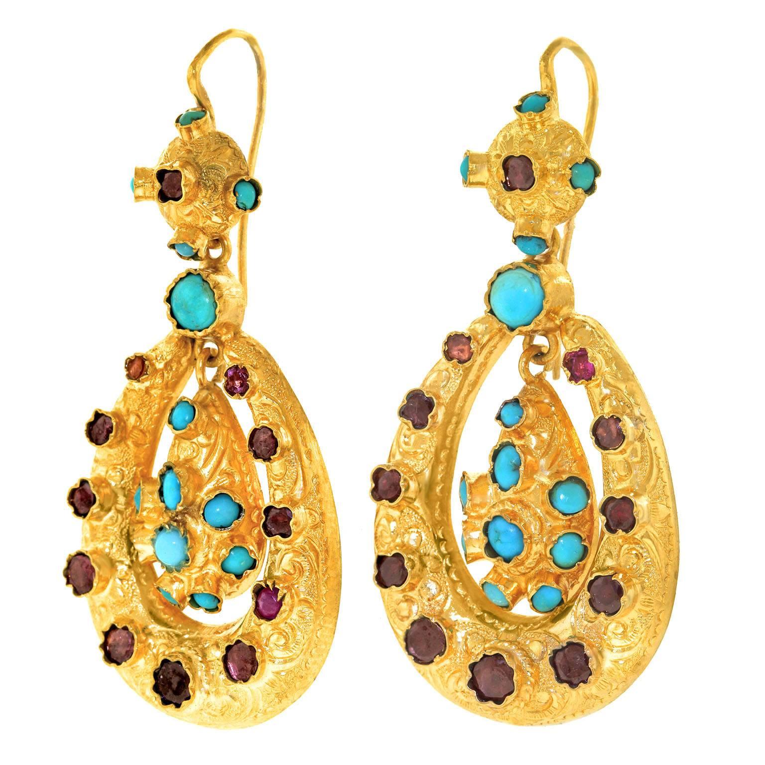 Austro-Hungarian Garnet Turquoise Gilt Silver Dangle Earrings In Excellent Condition In Litchfield, CT