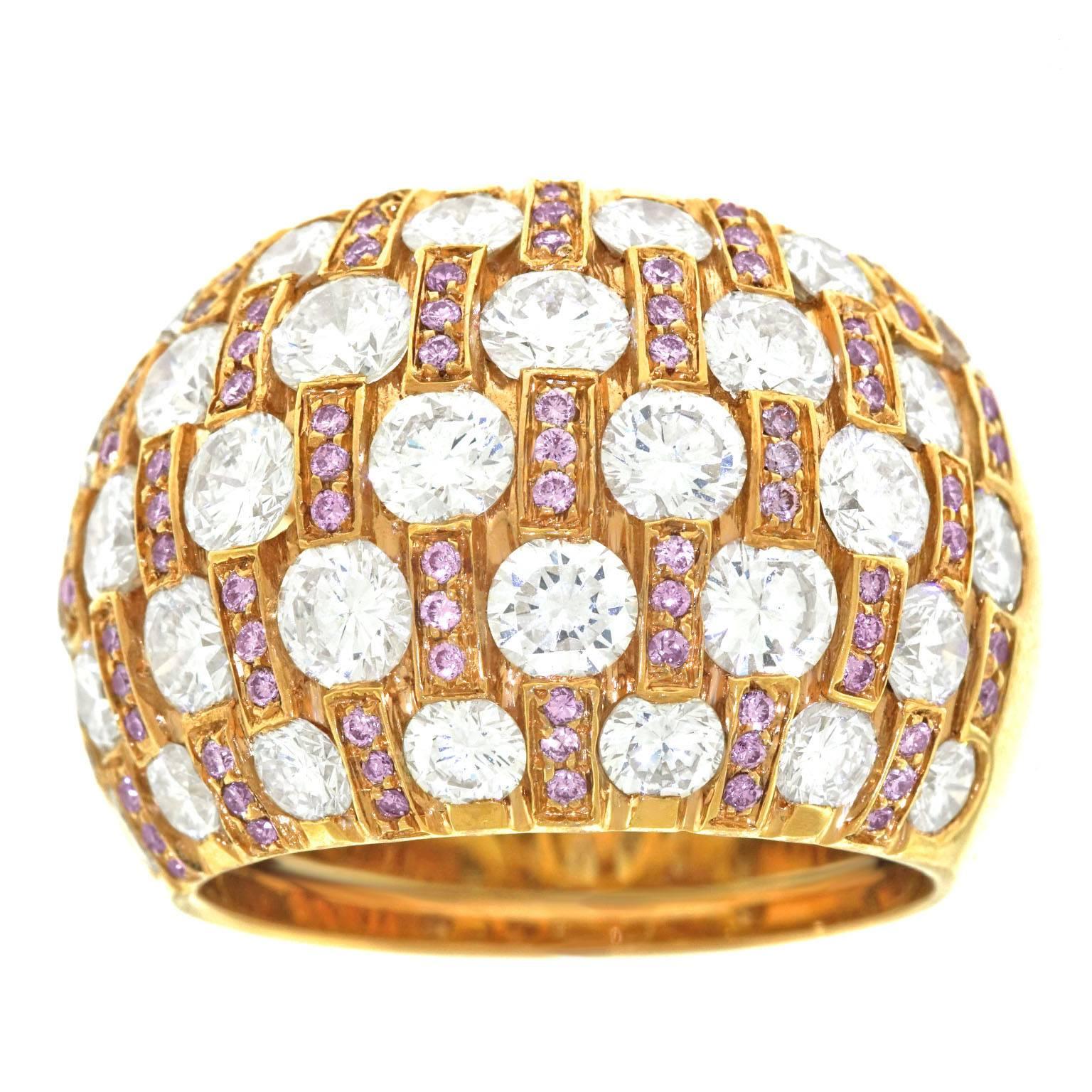 Chic 1970s Gold Bombe Ring with Pink and White Diamonds In Excellent Condition In Litchfield, CT