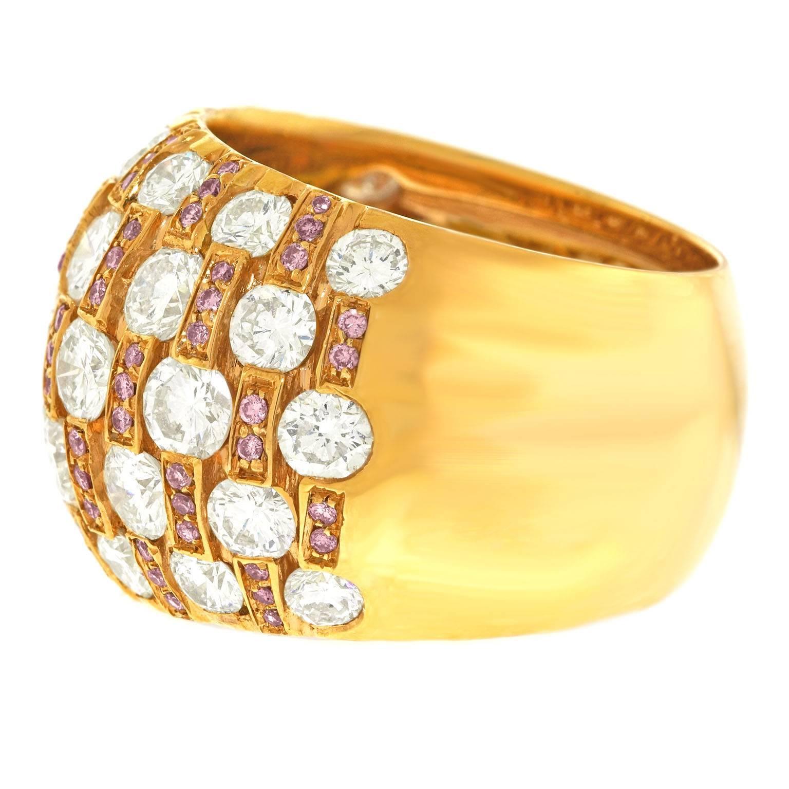Chic 1970s Gold Bombe Ring with Pink and White Diamonds 3