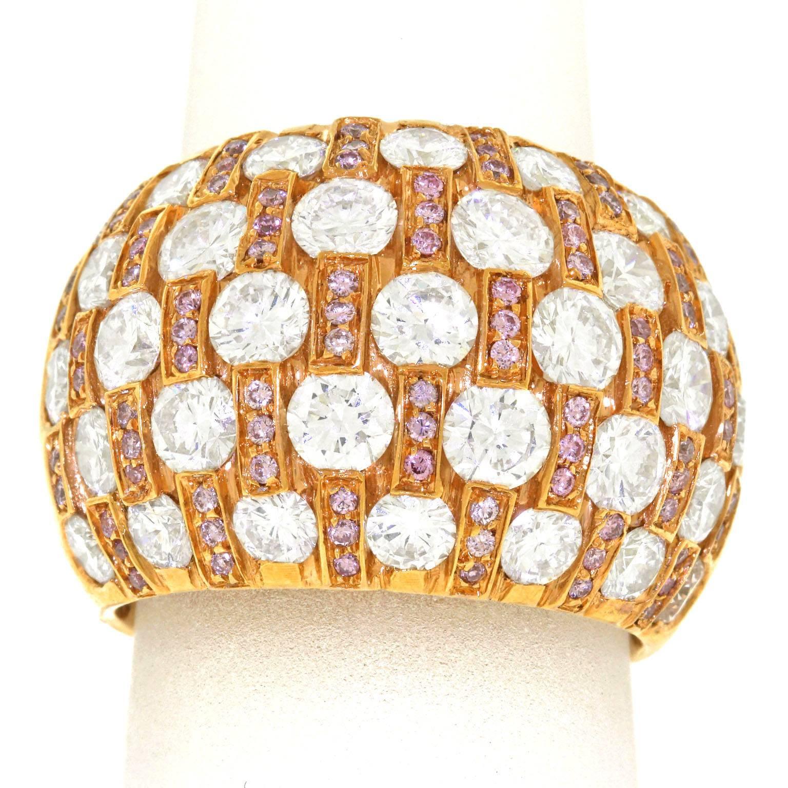 Chic 1970s Gold Bombe Ring with Pink and White Diamonds 4