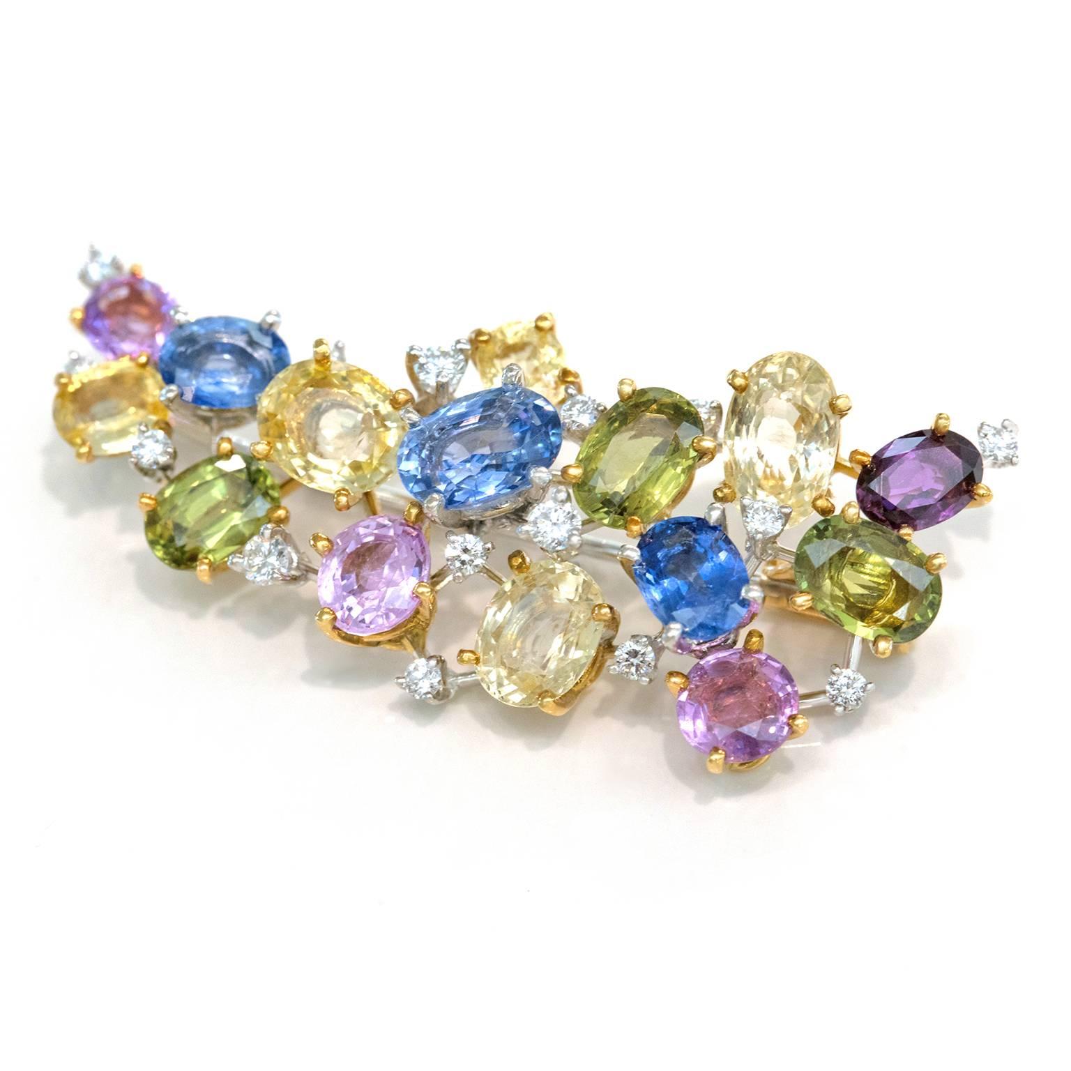 Meister Sapphire Diamond Gold Brooch In Excellent Condition In Litchfield, CT
