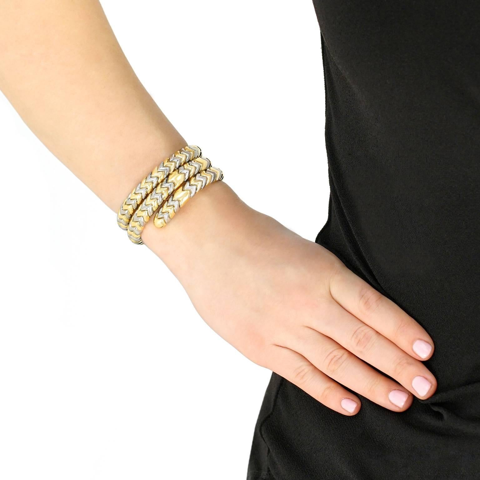 Bulgari Stainless Steel Yellow Gold Snake Bracelet In Excellent Condition In Litchfield, CT