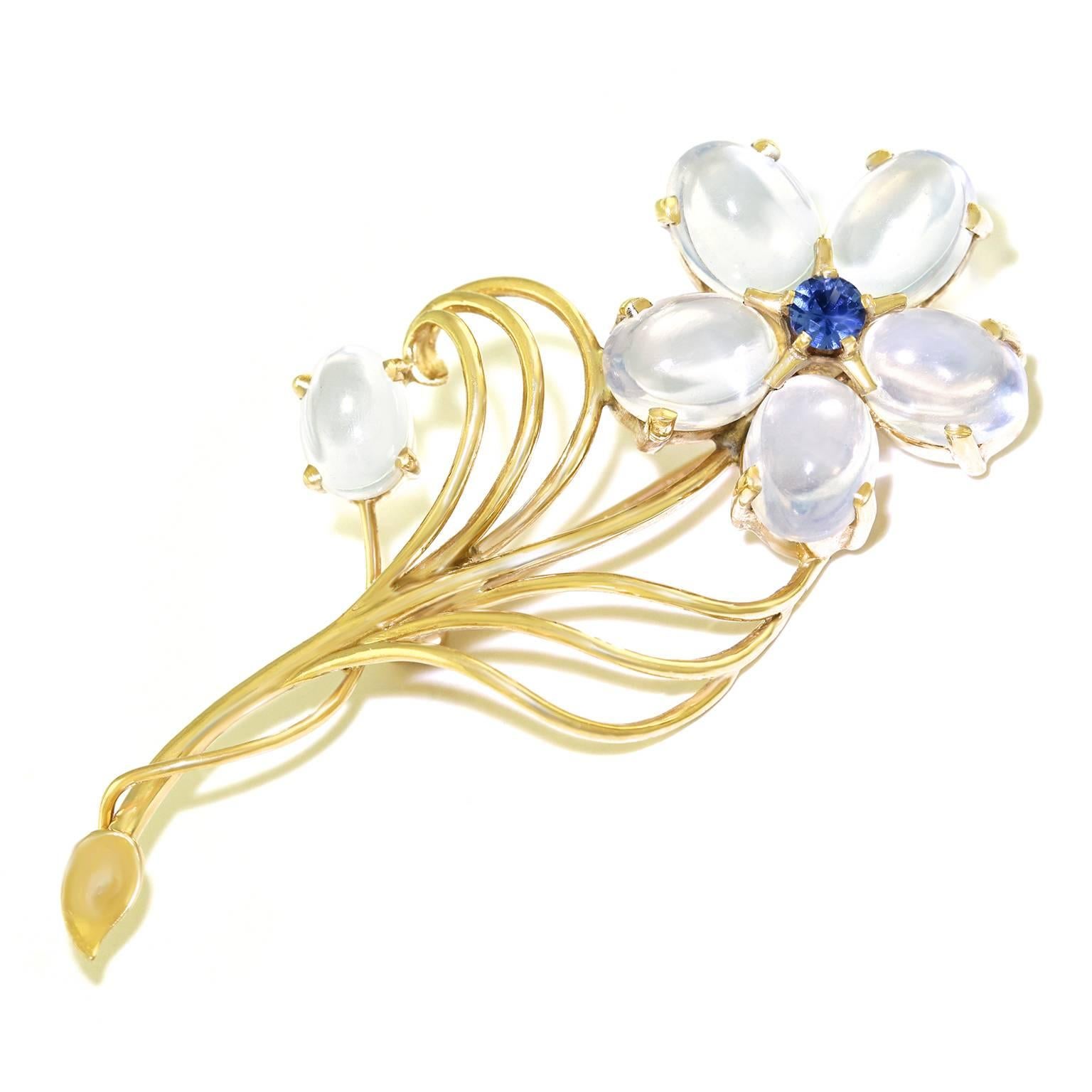 Fifties Moonstone Sapphire and Gold Brooch In Excellent Condition In Litchfield, CT